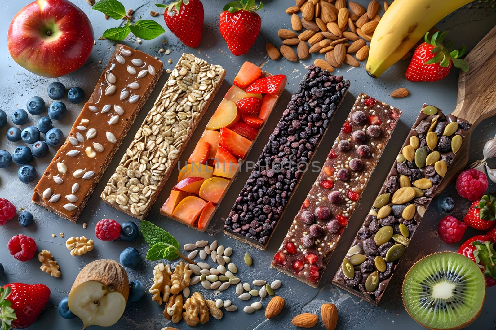 A variety of granola bars made with fruit and nuts are displayed on a table. These natural foods are a great source of whole food ingredients and superfoods
