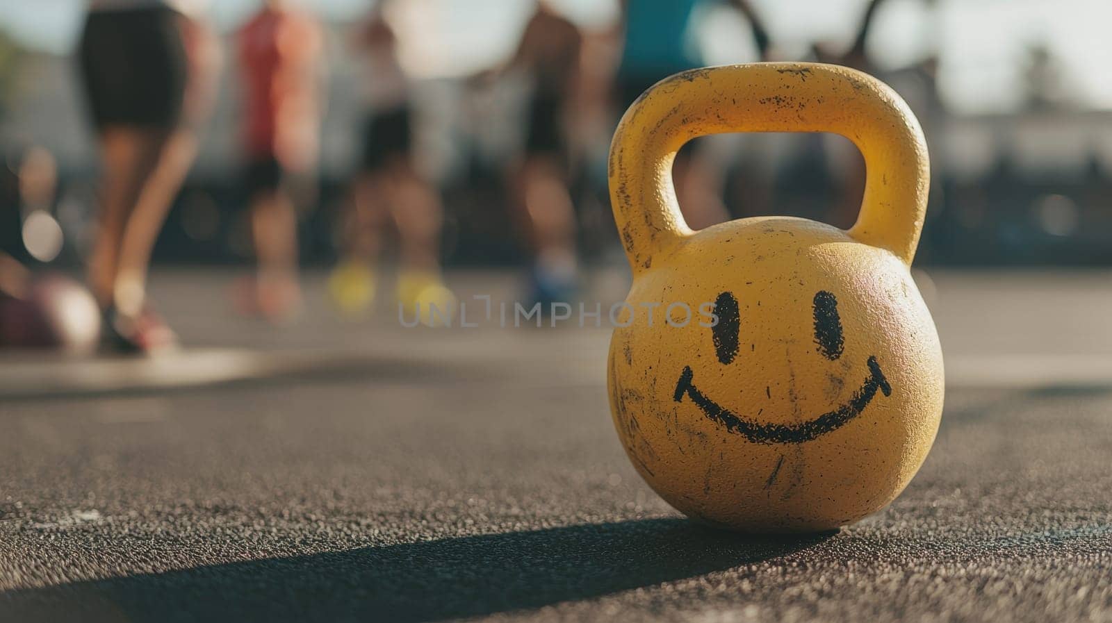 A closeup of a cheerful yellow kettlebell with a smiley face, set against an energetic fitness environment, capturing the essence of joy in exercise and training.