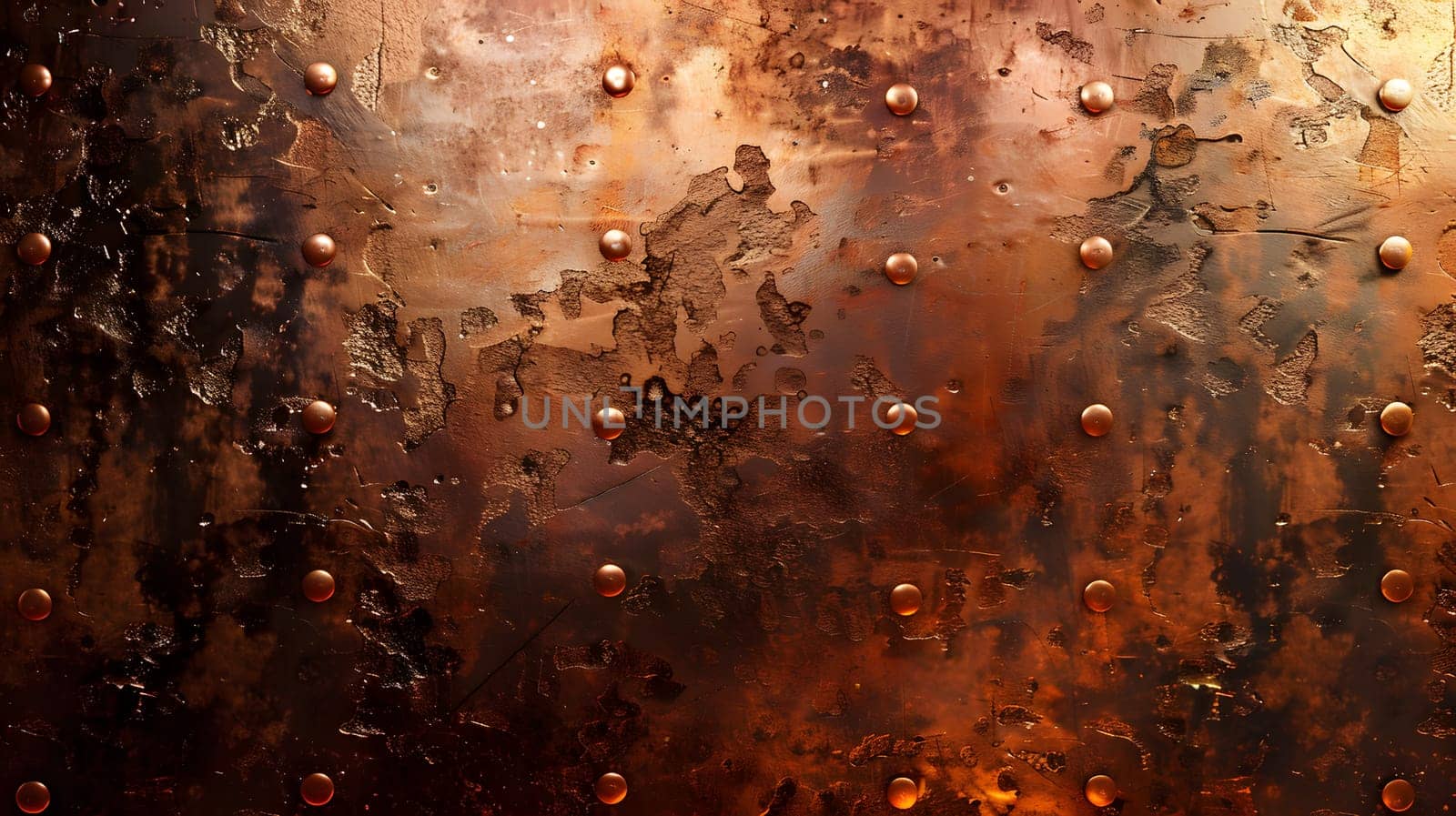 An artistic closeup of a weathered copper surface with rusty rivets, showcasing the effects of time and atmospheric phenomena on metal