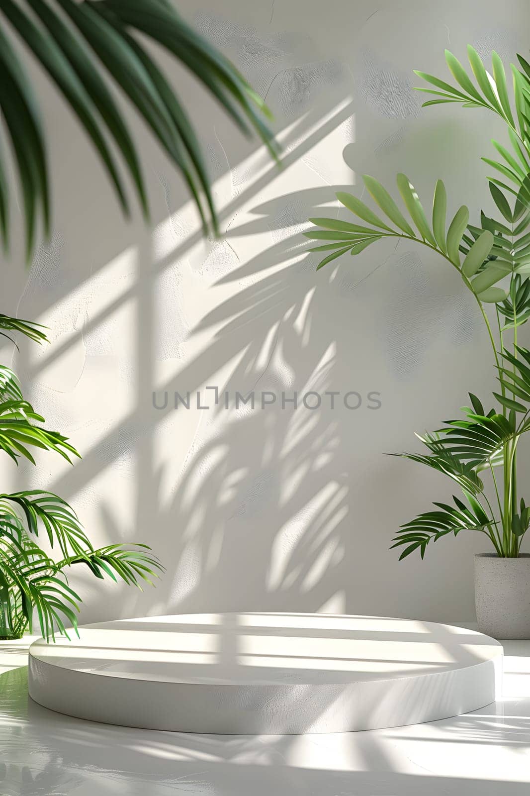 A white podium stands amidst a backdrop of palm trees casting shadows on a white wall, creating a serene setting blending nature and modernity