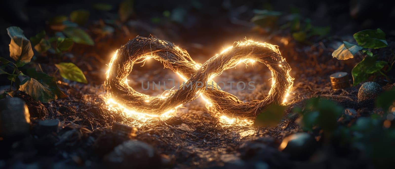 This captivating image features a glowing infinity symbol crafted from intertwined roots, symbolizing connection and eternity amidst a lush natural backdrop.