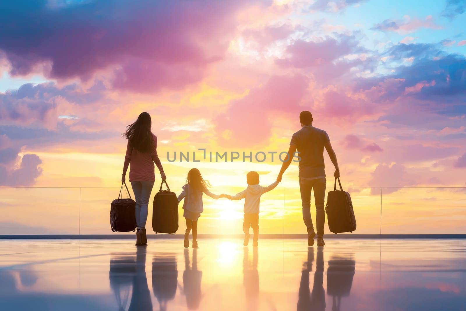 Happy family walking towards sunset, ready for vacation adventure.