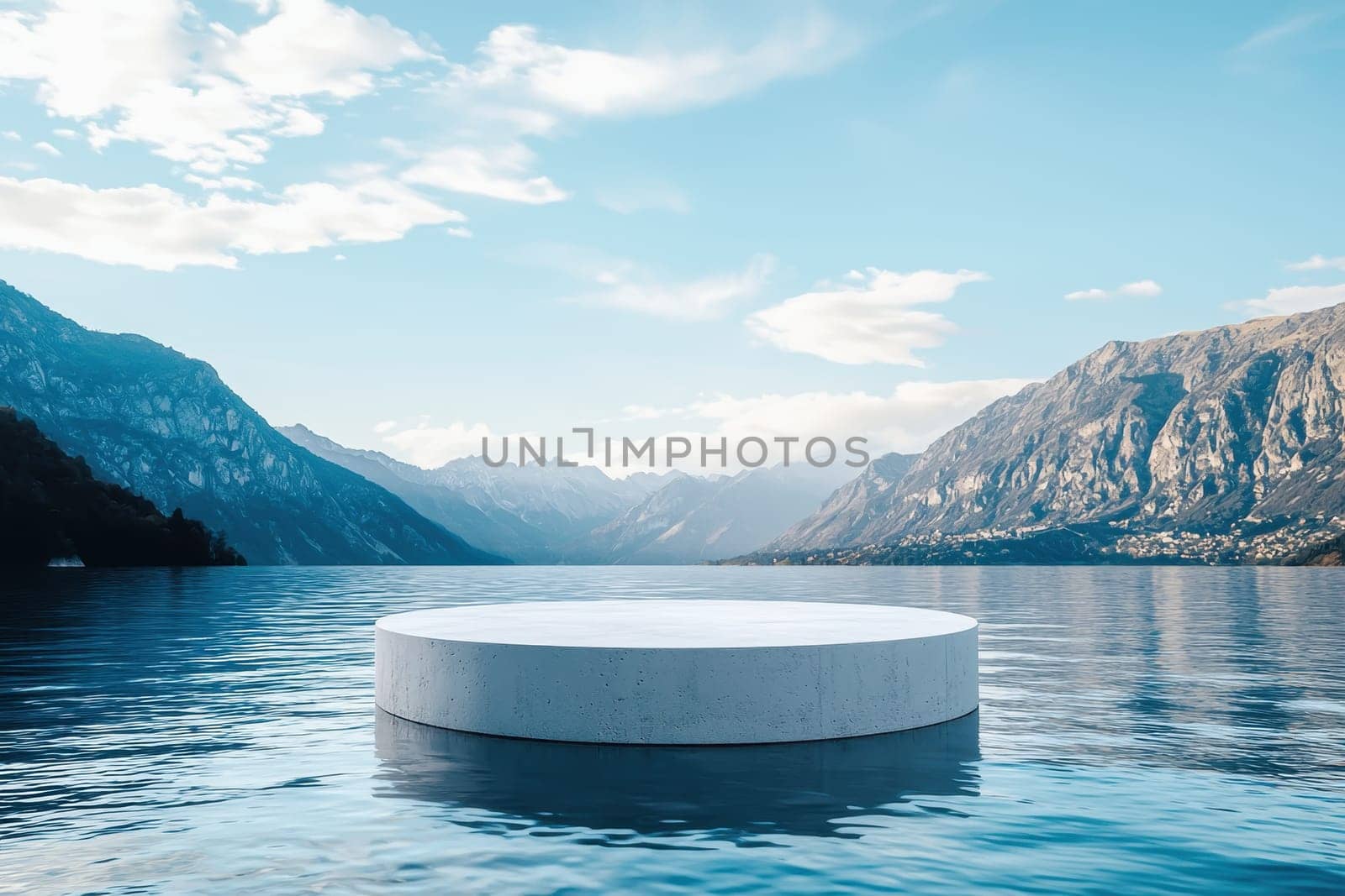 A tranquil artistic scene featuring a circular platform in serene waters, surrounded by majestic mountains and a clear blue sky, evoking peace and harmony.