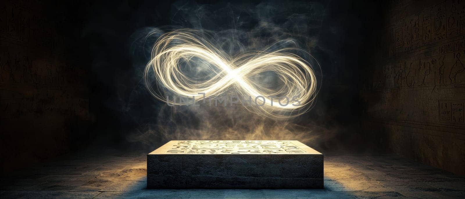Experience the serene beauty of swirling light that forms an infinity symbol. This ethereal image captures a mysterious yet tranquil essence, perfect for creative projects.