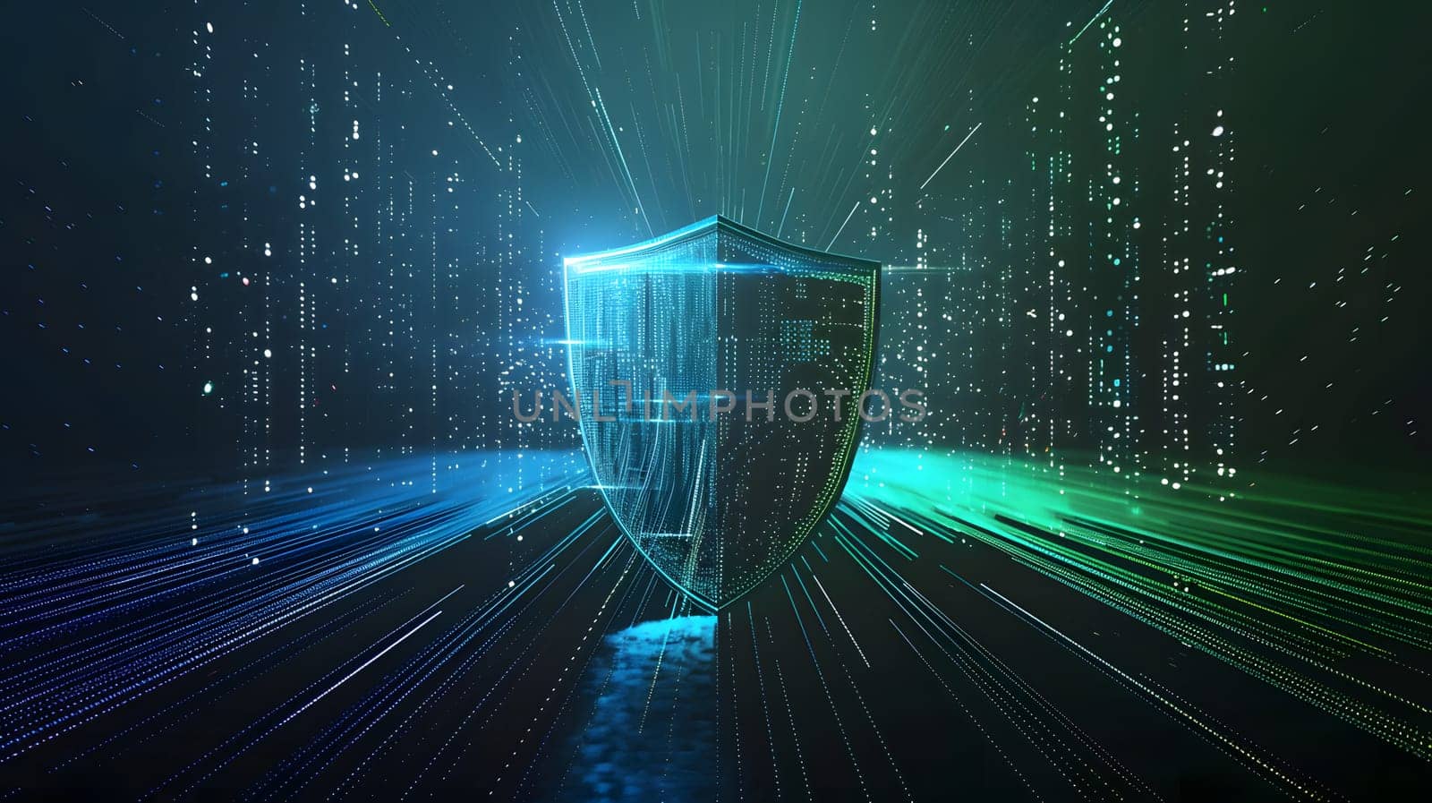 Glowing shield icon, digital security, matrix background, cyber defense concept
