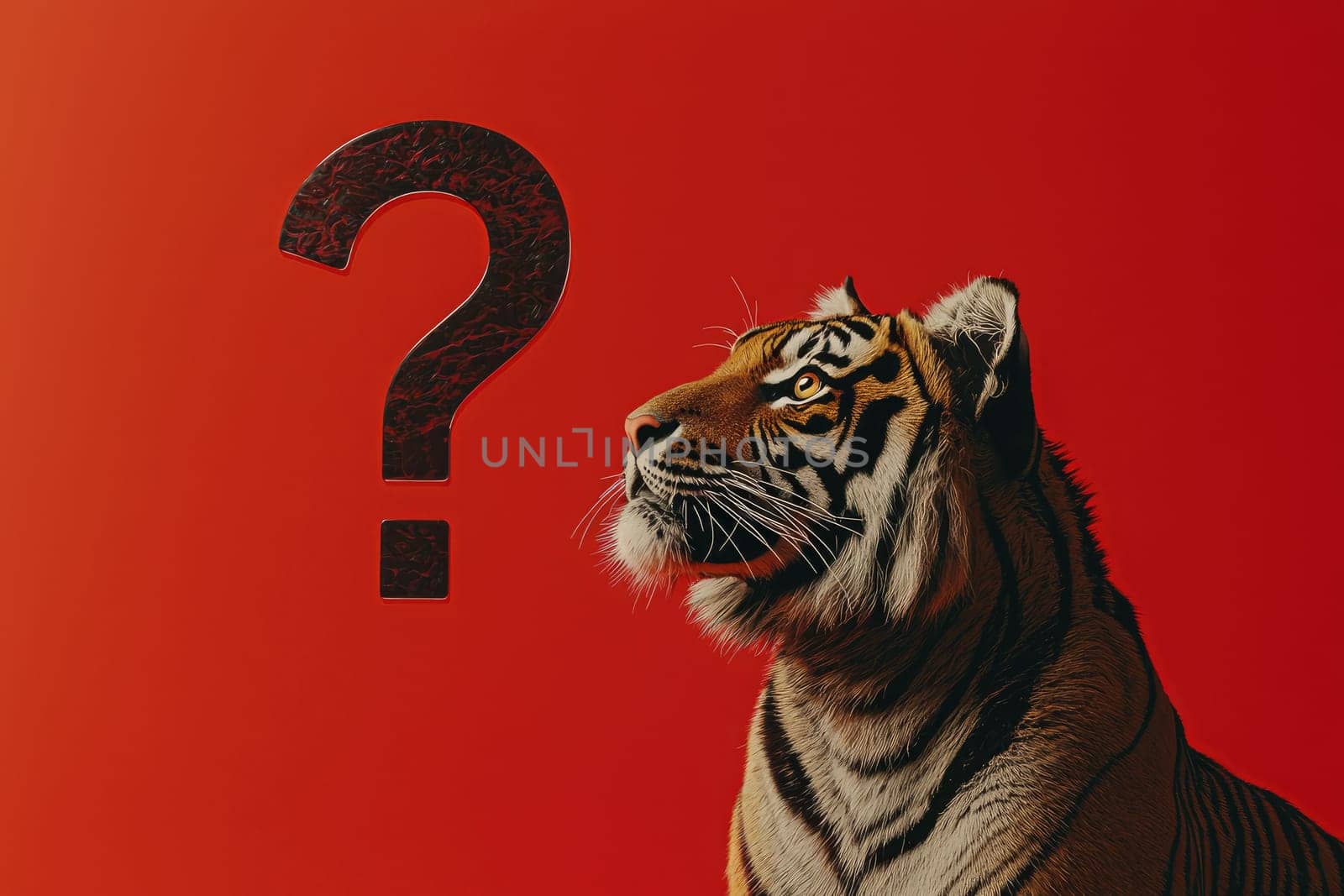 Surreal tiger portrait with question mark on red background.