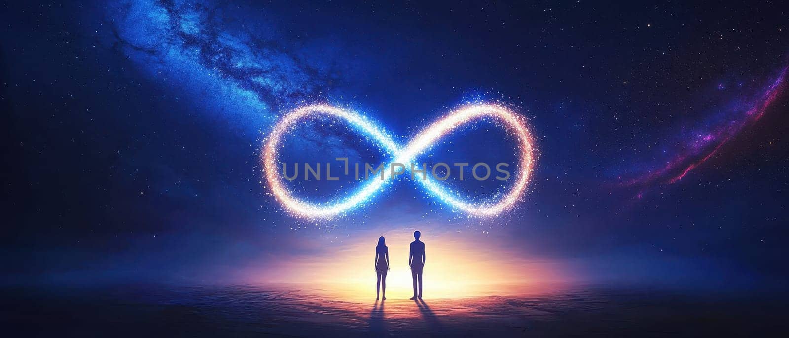 A breathtaking scene of two figures gazing at a vast, starry night sky illuminated by a glowing infinity symbol, evoking feelings of wonder, connection, and exploration.
