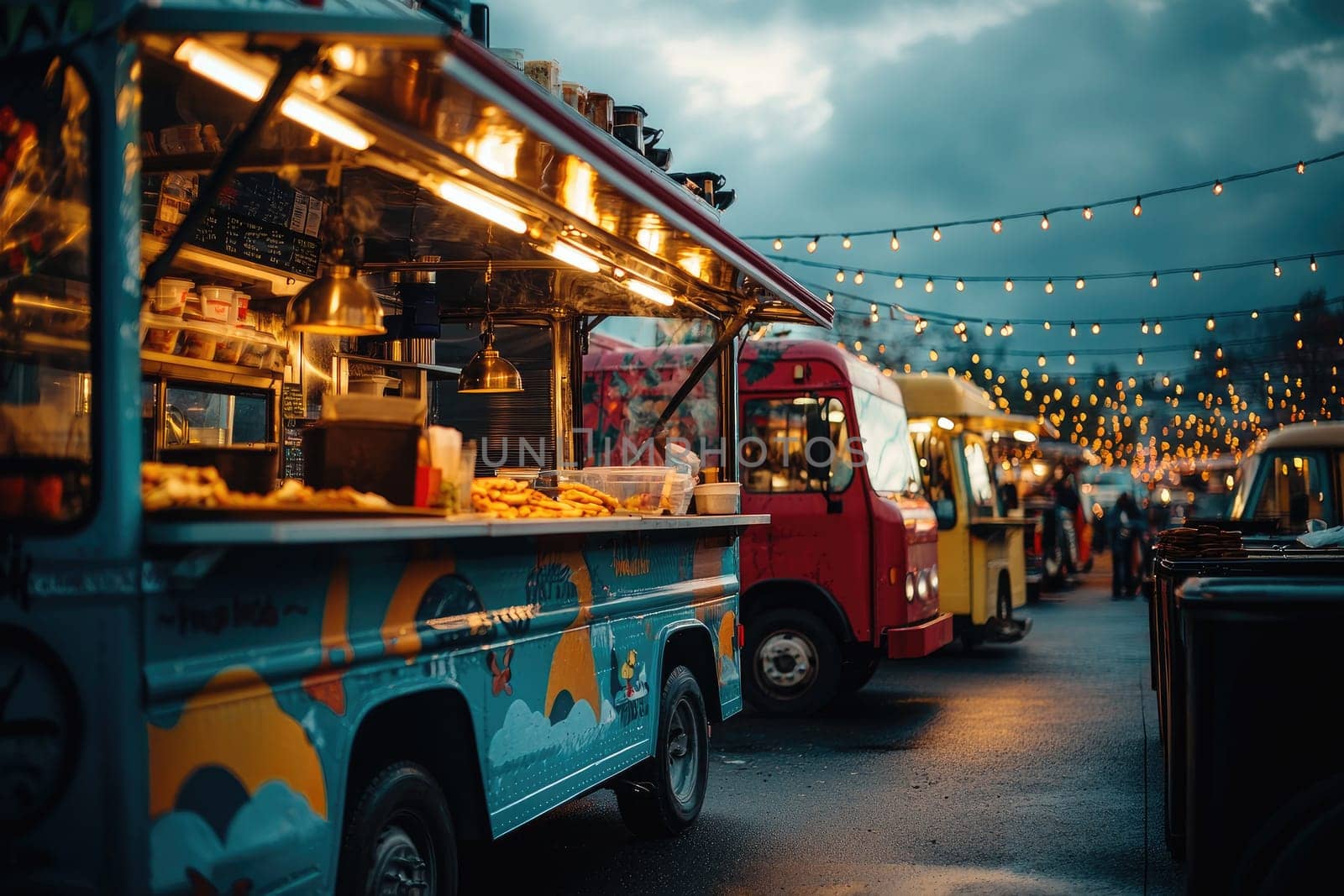Food trucks at festival with cozy evening lighting.