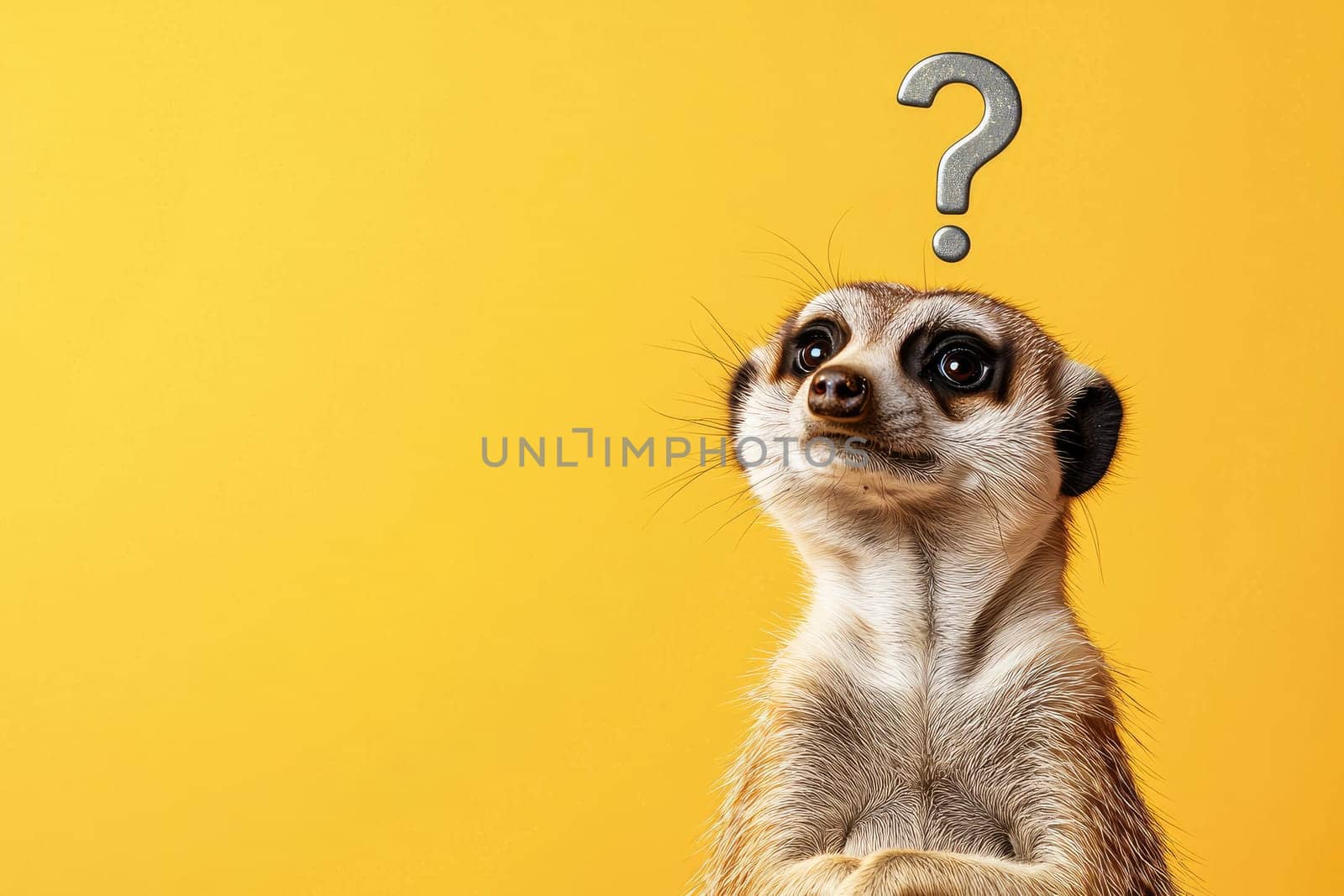 Curious meerkat with question mark on bright yellow background.