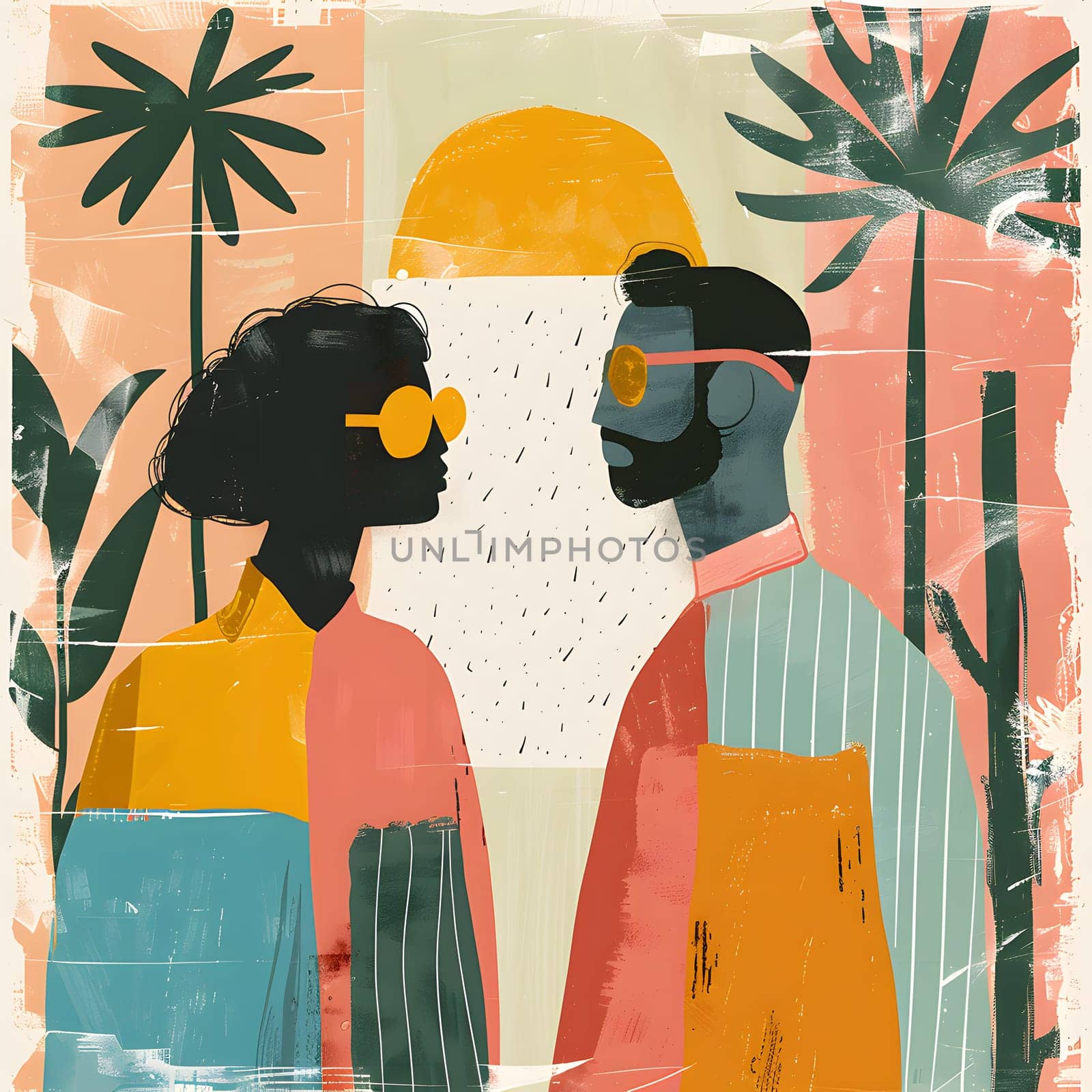 The man and woman stand side by side, their hairstyles distinct. Their gazes locked in an artistic gesture, resembling a painting framed in a rectangular illustration, rich in tints and shades