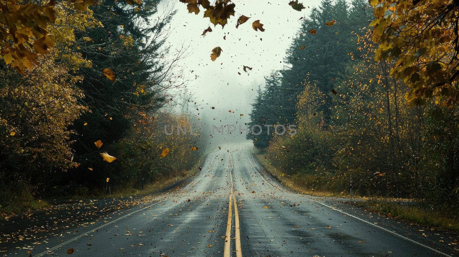 scenic highway framed by autumn trees with leaves falling gently.