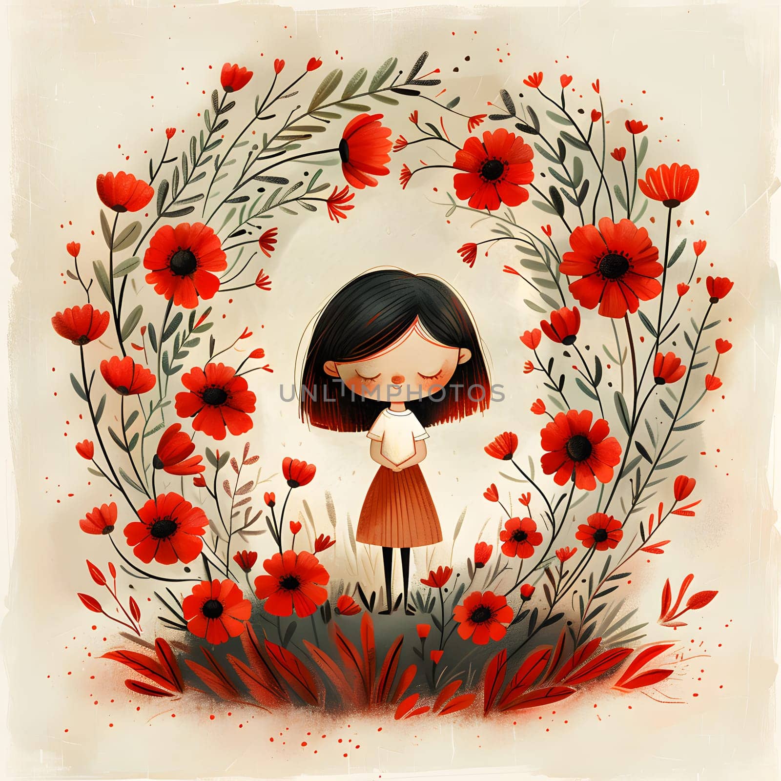 The girl is enclosed in a rectangle of red roses, creating a beautiful and artistic display of flowers surrounding her with a smile