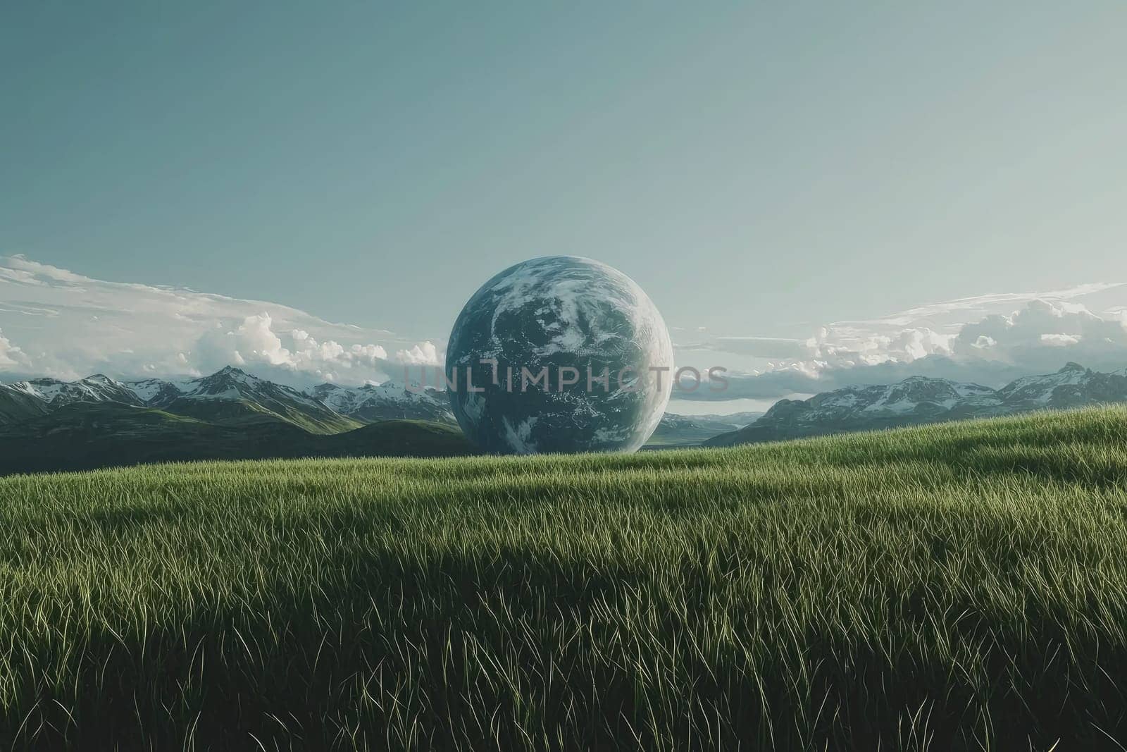 surreal landscape with giant sphere in grassy field.