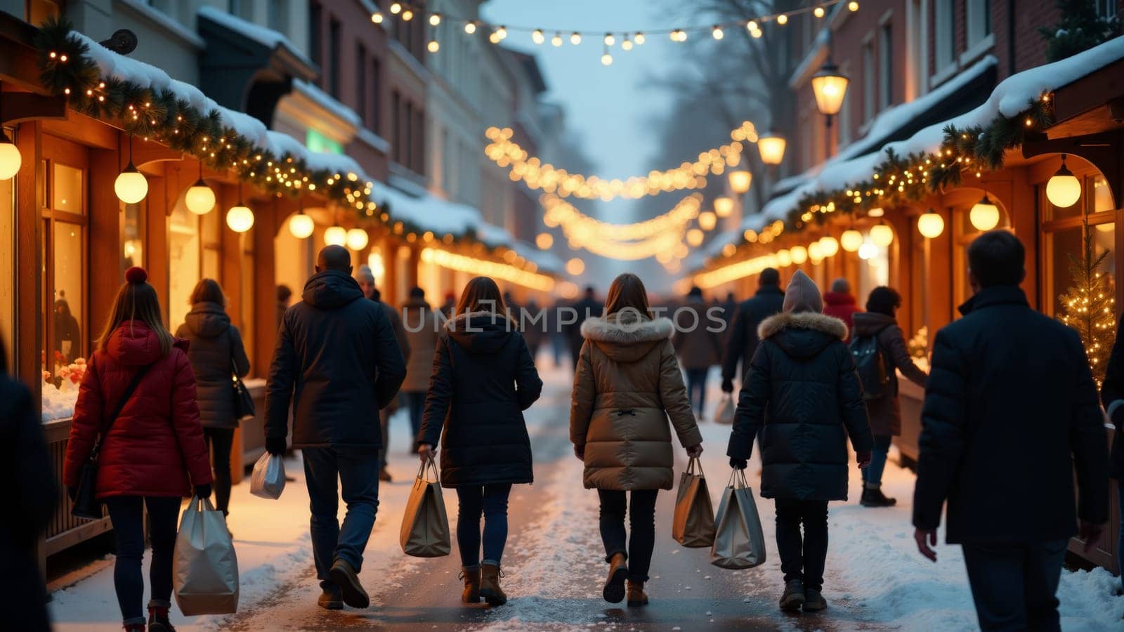 A lively winter market buzzes with holiday cheer as shoppers in warm clothing stroll along a snowy path illuminated by twinkling lights, creating a magical atmosphere during the evening hours.