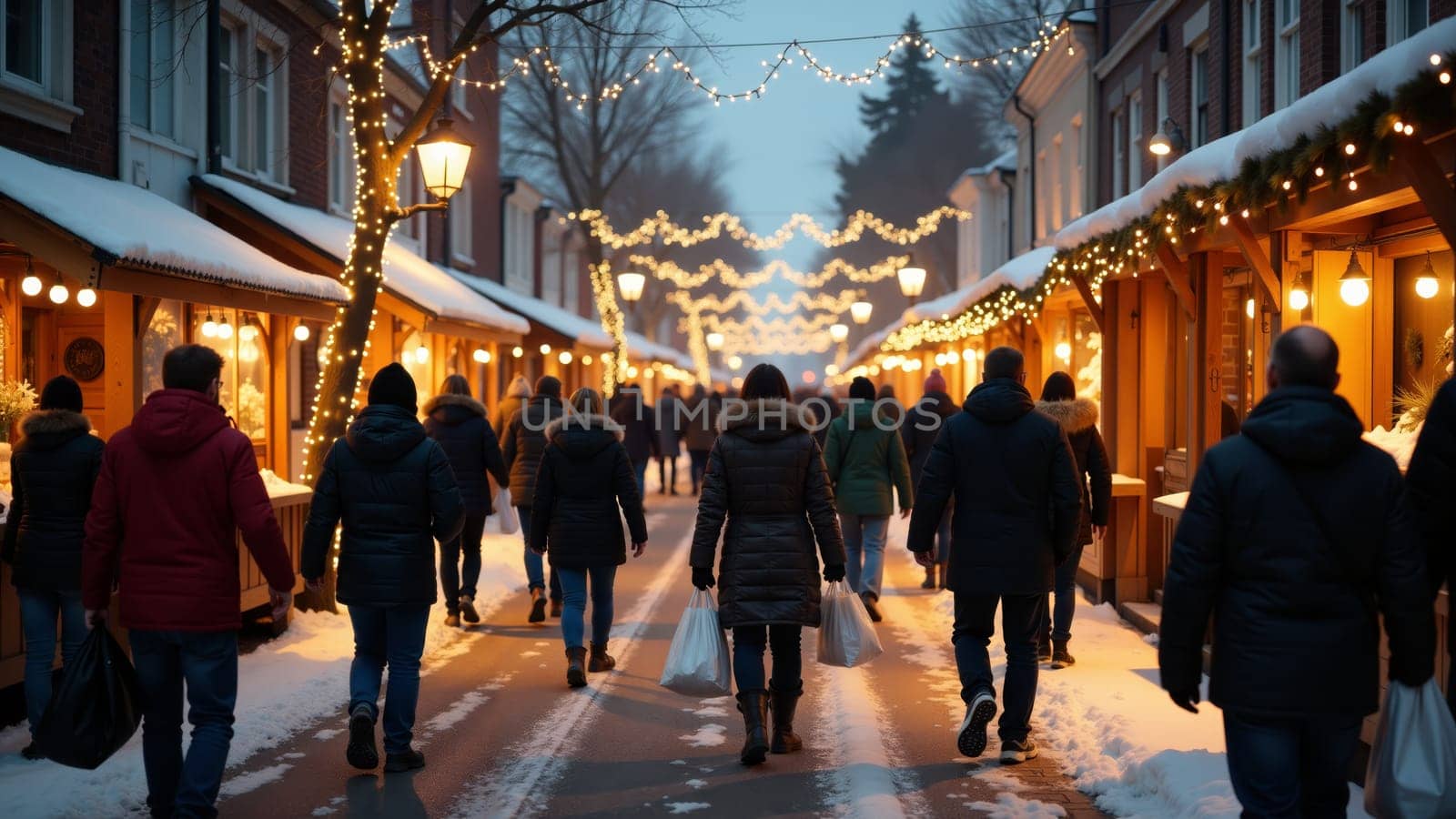 A lively winter market buzzes with holiday cheer as shoppers in warm clothing stroll along a snowy path illuminated by twinkling lights, creating a magical atmosphere during the evening hours.