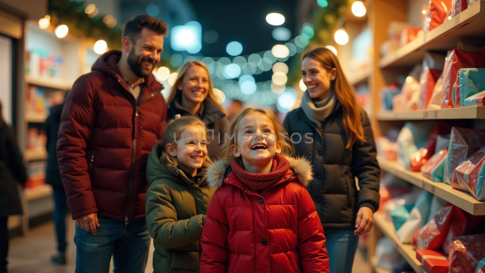 A cheerful family strolls through a vibrant market during the holiday season, illuminated by sparkling lights. Laughter fills the air as the children excitedly explore festive decorations.