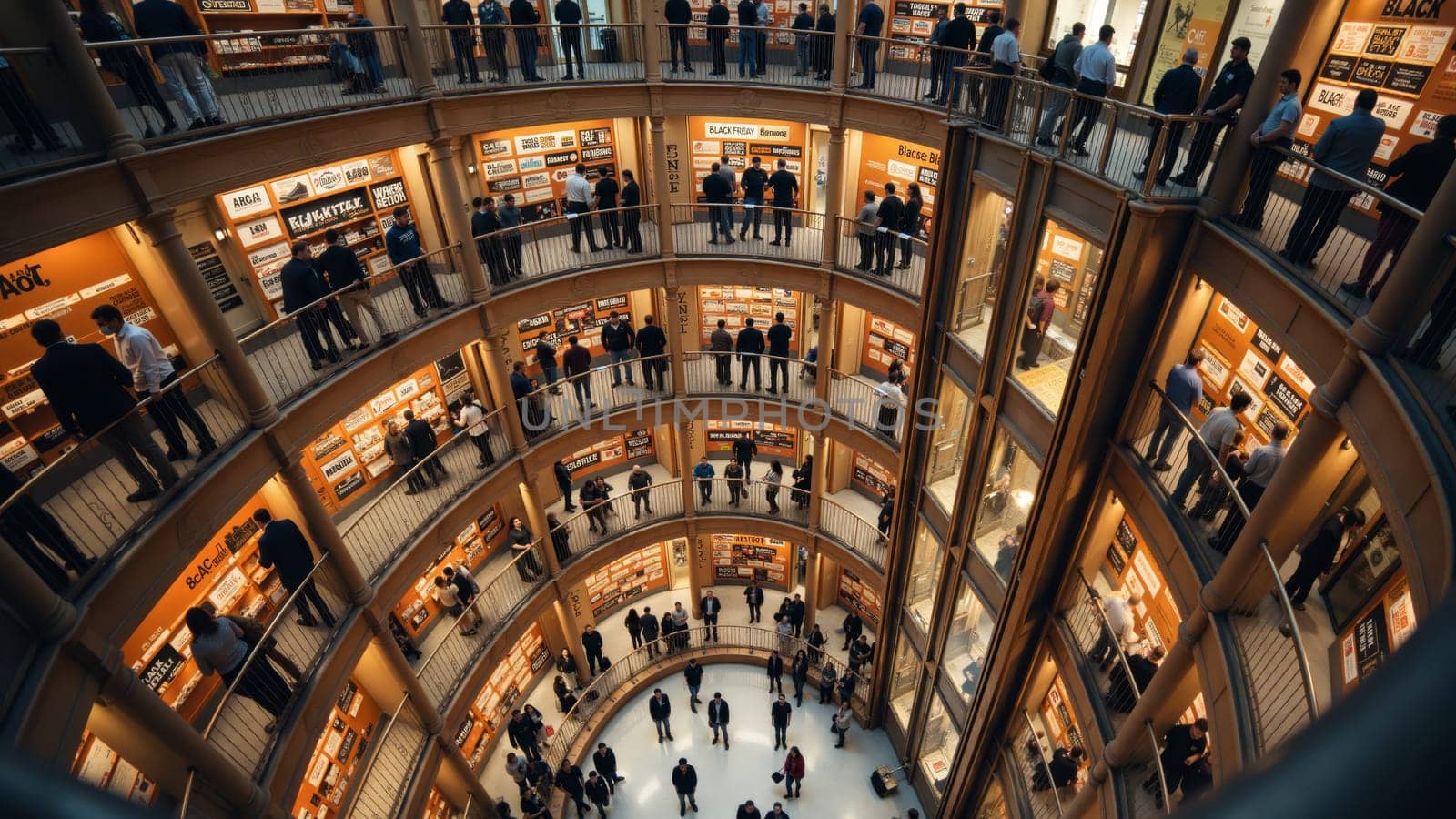 Gazing down into a unique architectural marvel, the spiral library captivates visitors immersed in reading. Shelves overflow with books, while people explore the serene atmosphere.