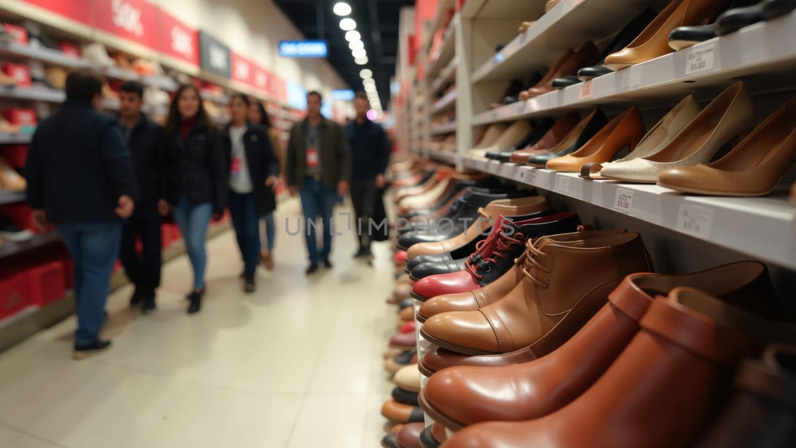A bustling retail space filled with various shoes on display as shoppers explore stylish options. The atmosphere is lively, with people engaged in shopping while examining the latest trends.