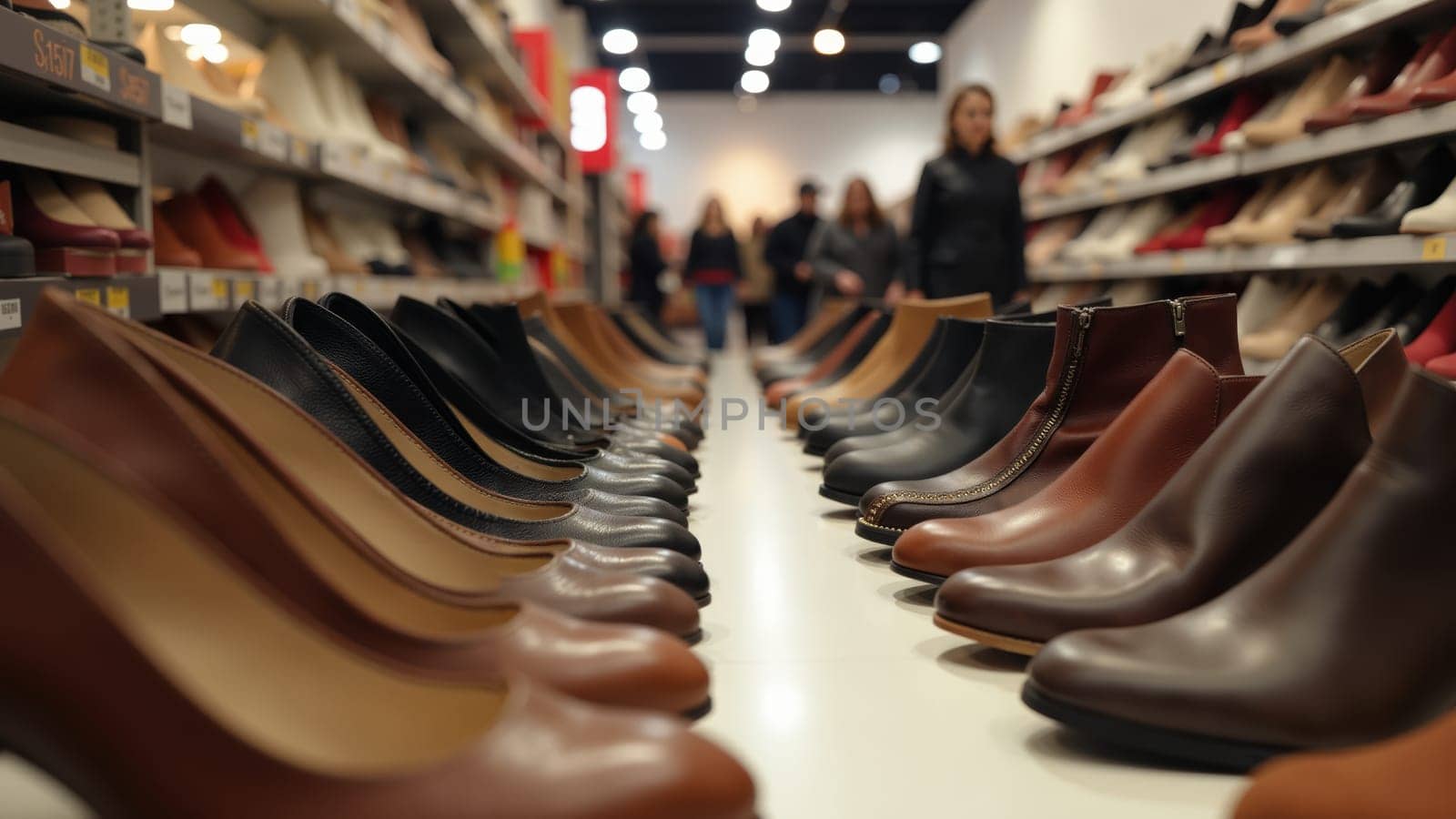 A bustling retail space filled with various shoes on display as shoppers explore stylish options. The atmosphere is lively, with people engaged in shopping while examining the latest trends.