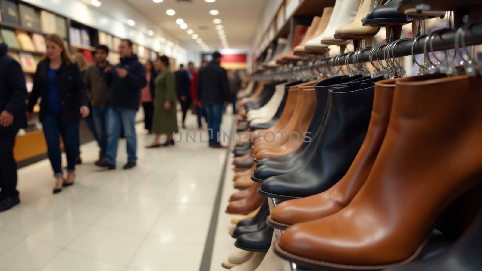 Brightly lit aisles showcase rows of stylish boots while enthusiastic shoppers browse the selection, creating a lively atmosphere in a bustling shoe store on a crisp autumn day.