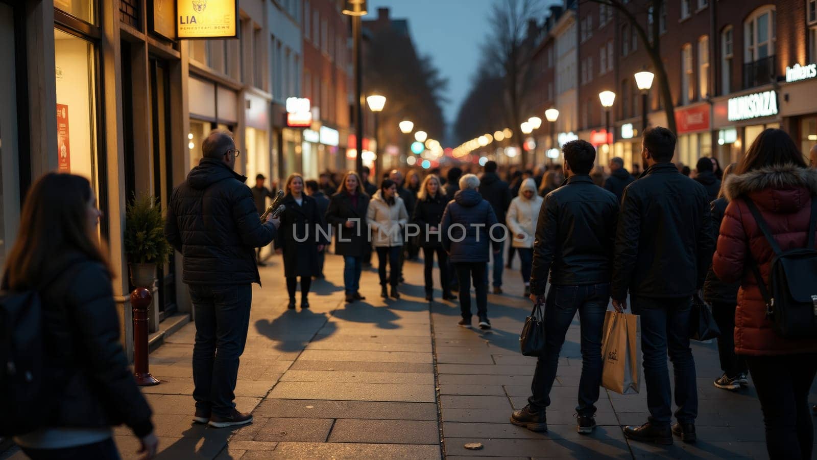 A talented musician plays a captivating tune on the street, drawing the attention of evening shoppers. Warm lights illuminate the bustling scene, enhancing the vibrant atmosphere of the district.