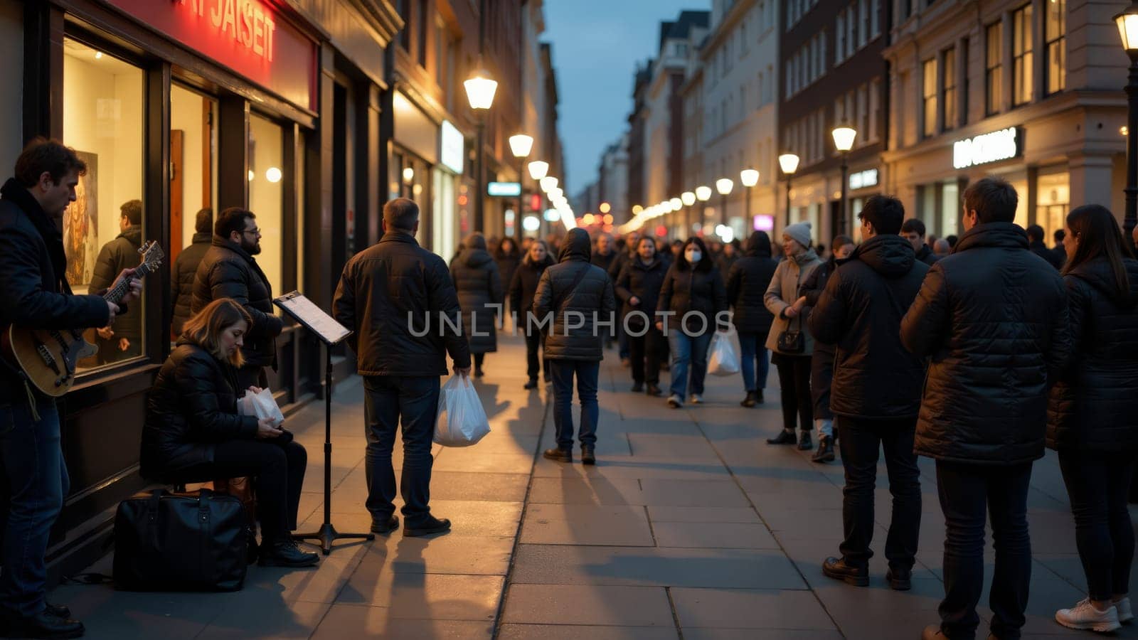 As dusk falls, a lively crowd meanders through the streets, illuminated by warm lights. A saxophonist enhances the atmosphere, blending music with the energy of evening shoppers.