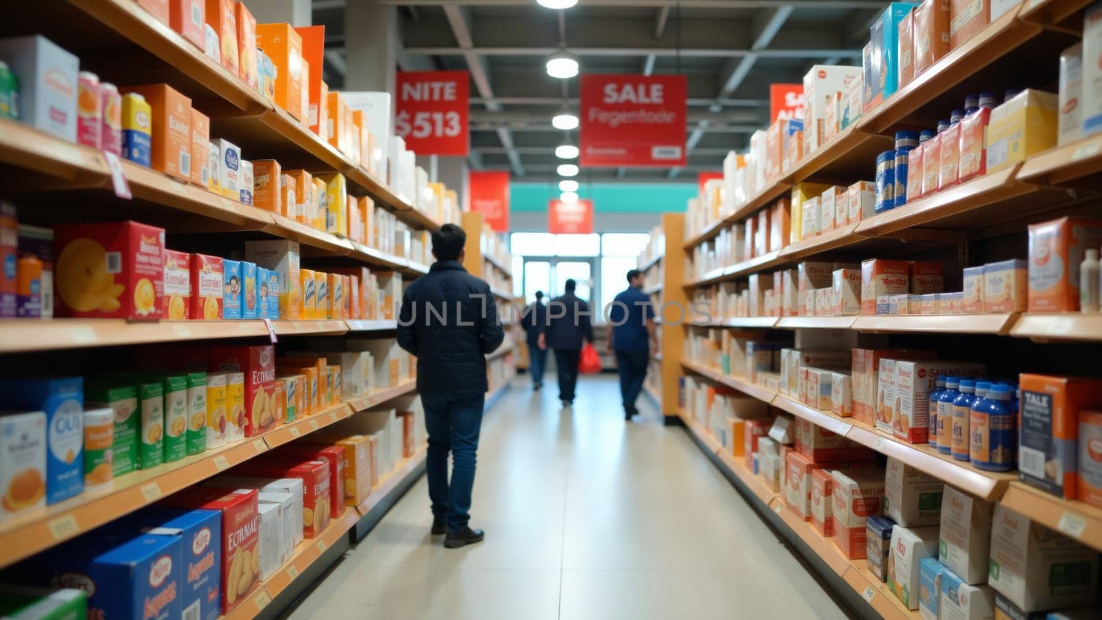 Shoppers wander through a vibrant aisle filled with assorted pillows, enjoying the weekend sale atmosphere in a bustling retail store. Soft colors and attractive promotions fill the space.
