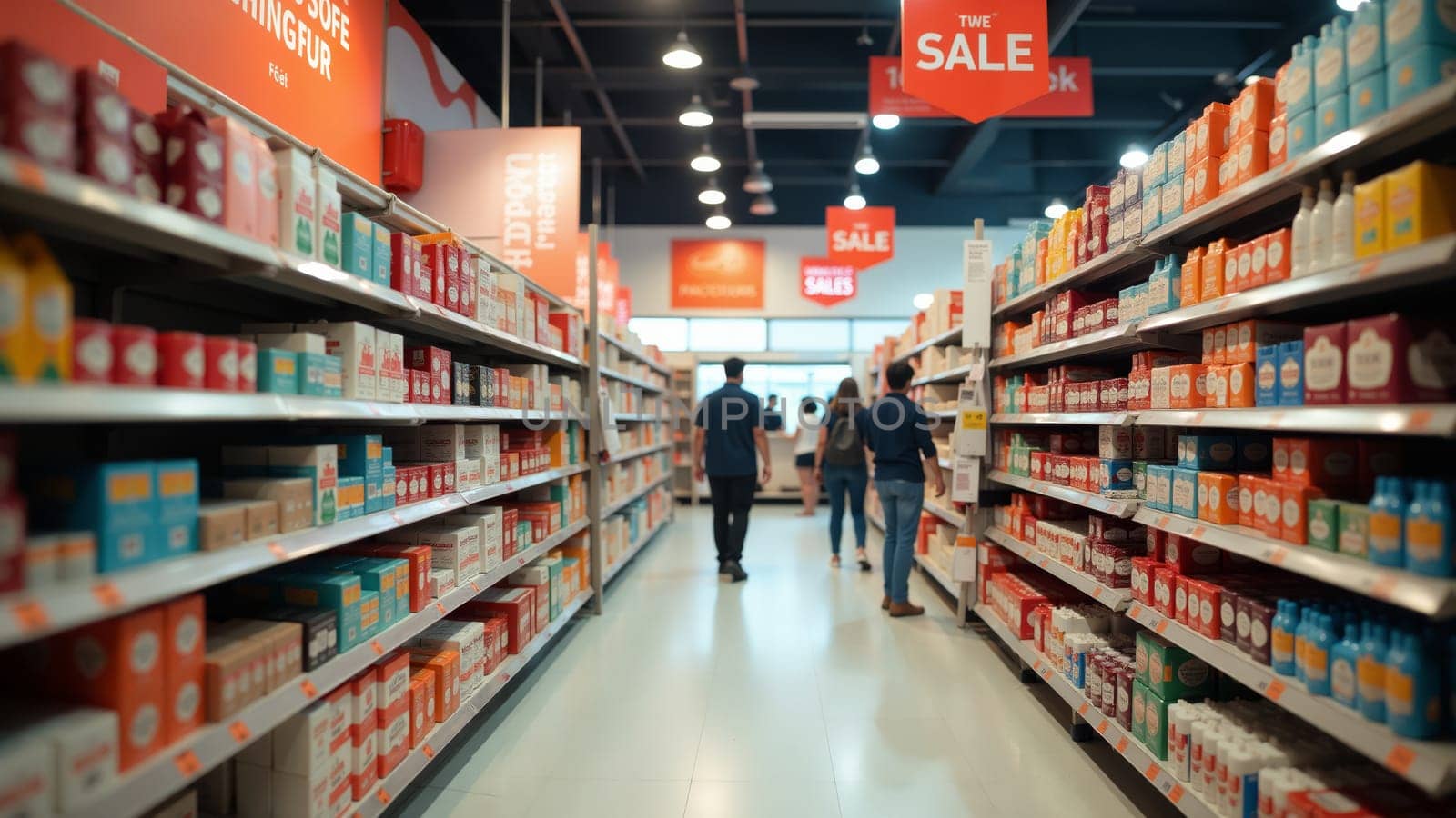 Shoppers wander through a vibrant aisle filled with assorted pillows, enjoying the weekend sale atmosphere in a bustling retail store. Soft colors and attractive promotions fill the space.