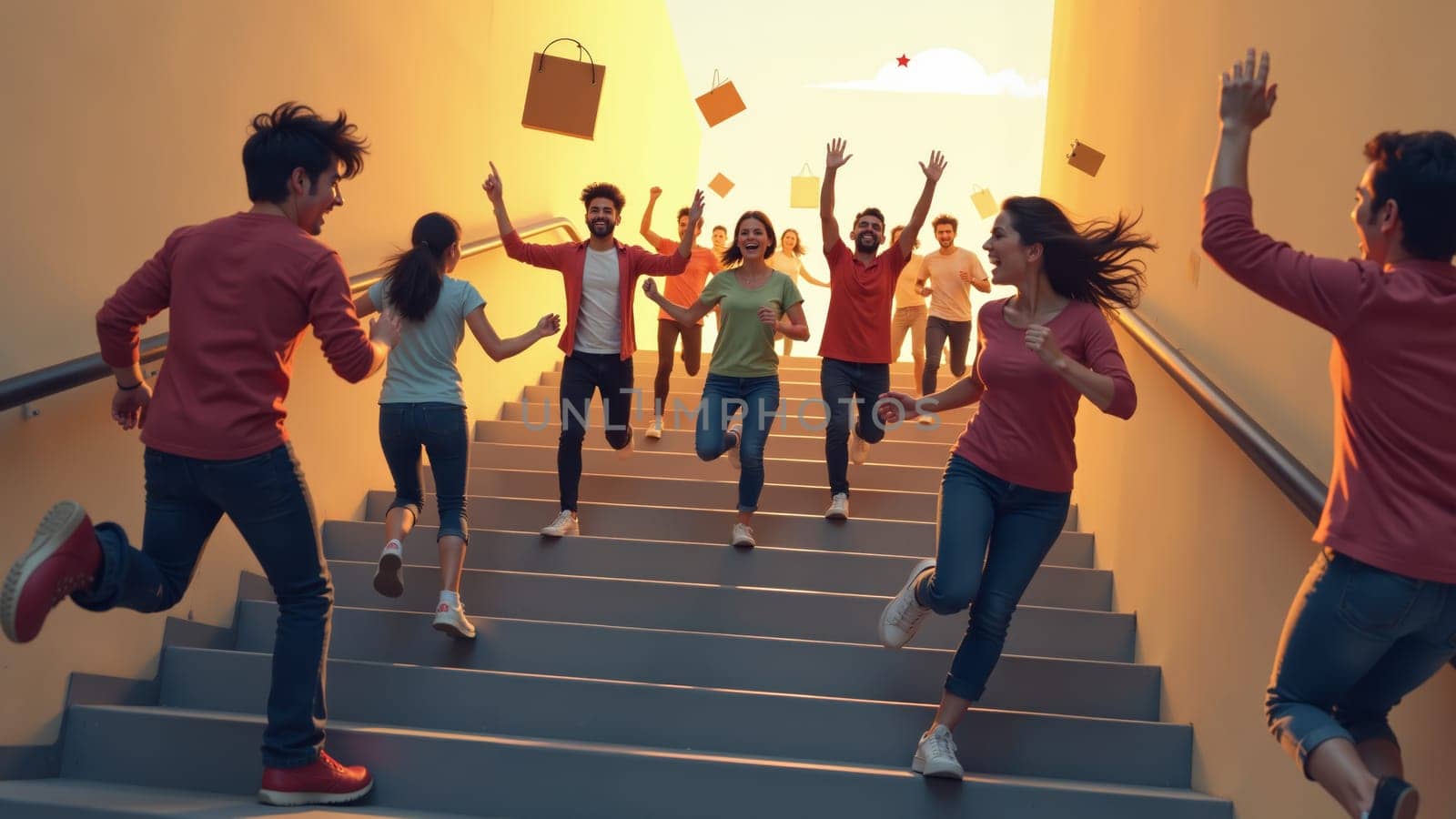 A cheerful bunch of friends dashes down a staircase, laughter echoing as they wave shopping bags. The vibrant sunset casts a warm glow, enhancing their carefree mood and playful energy.
