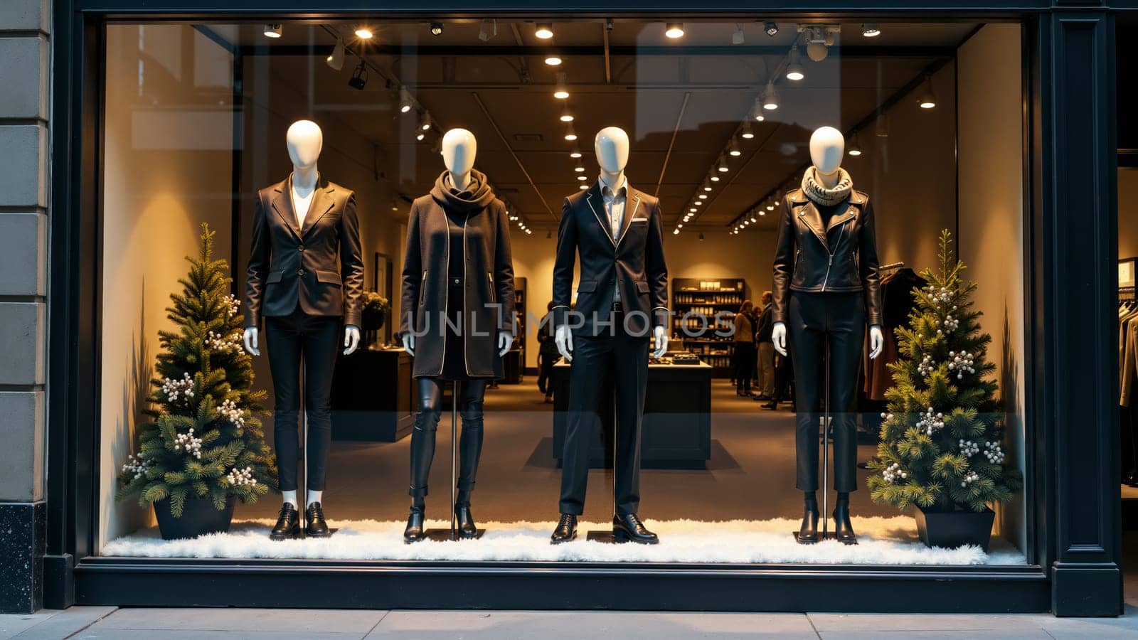 In a well-lit boutique, elegant mannequins showcase stylish winter attire, surrounded by festive greenery.