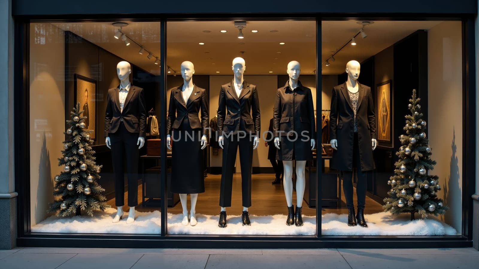 In a well-lit boutique, elegant mannequins showcase stylish winter attire, surrounded by festive greenery.