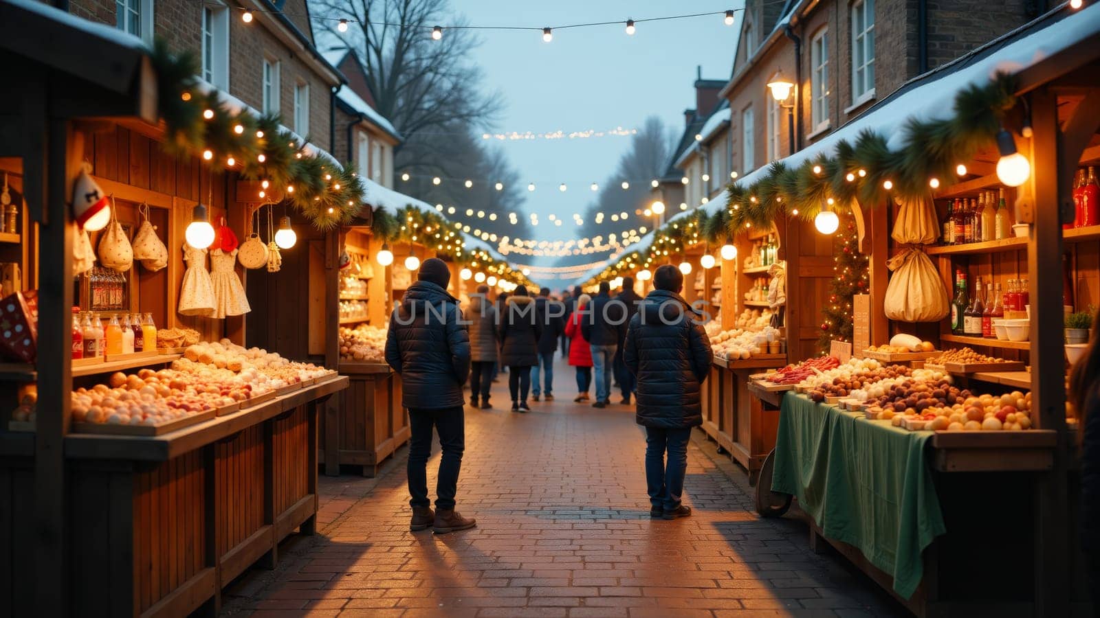 As twilight falls, visitors stroll through a vibrant winter market, with stalls of colorful fruits and twinkling lights, creating a cozy, warm community atmosphere.