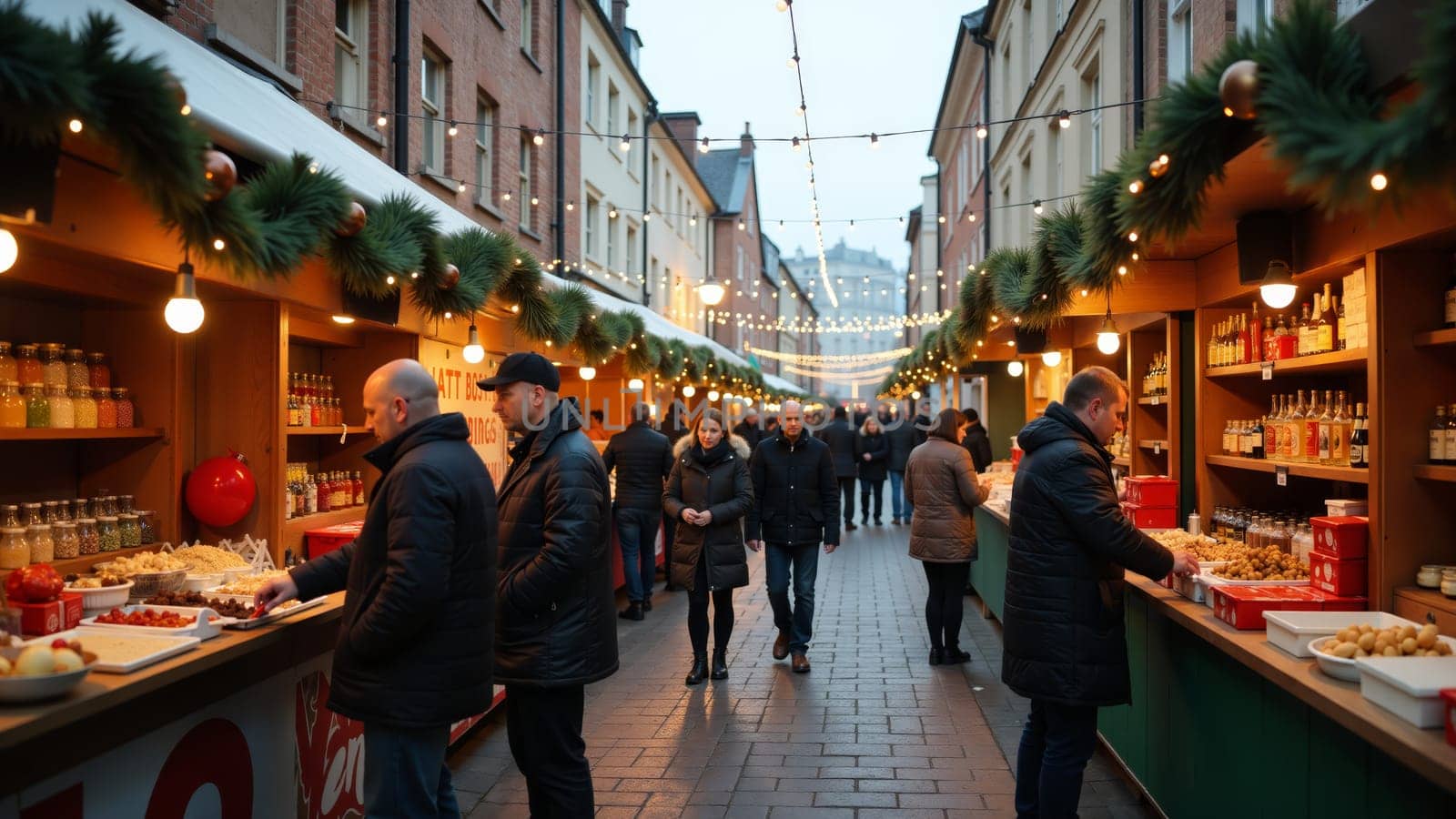 As dusk settles, visitors explore vibrant market stalls filled with seasonal goods and treats, surrounded by twinkling lights and holiday decorations that create a warm, joyful atmosphere.