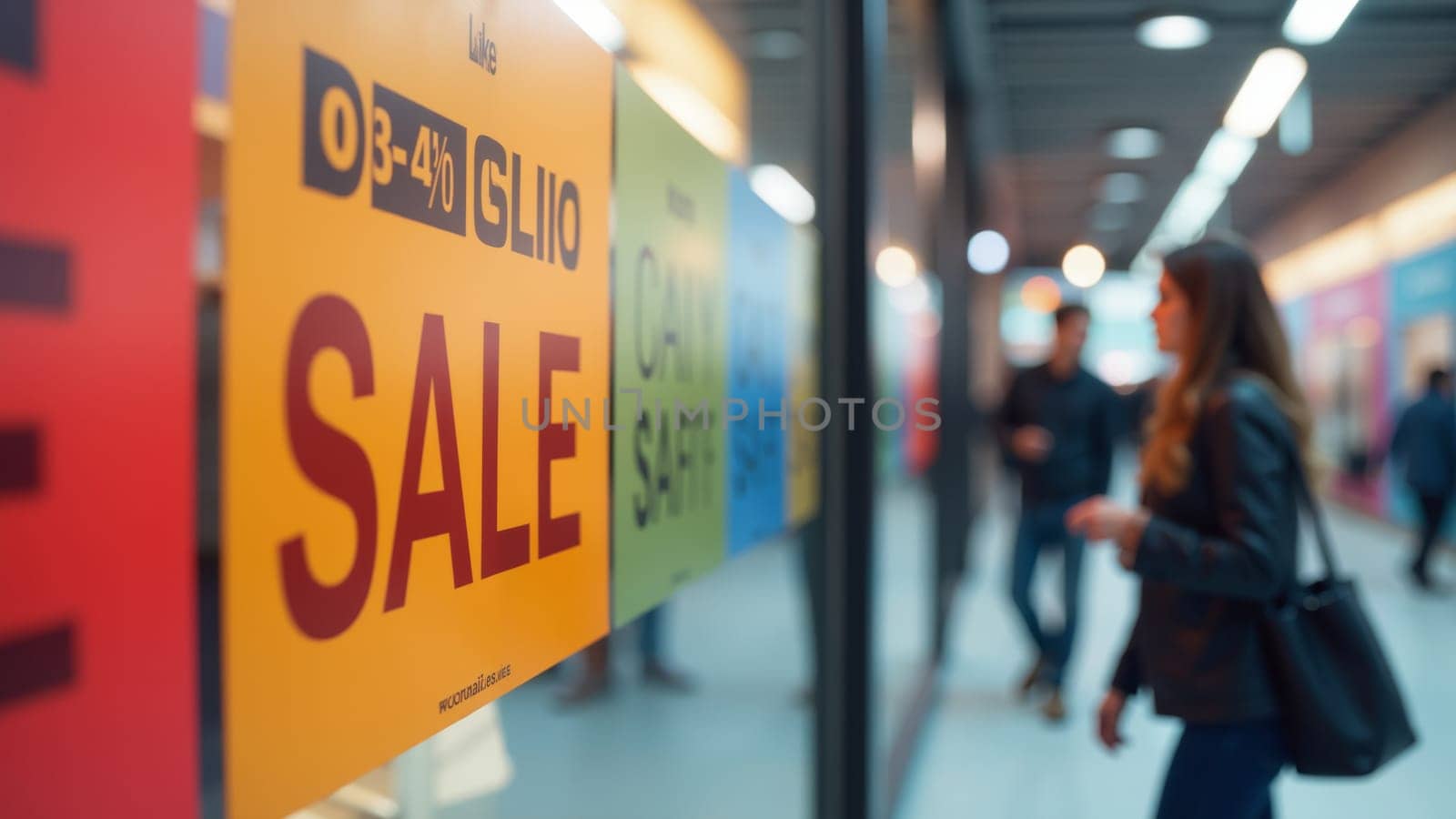A vibrant mall buzzes with shoppers eagerly exploring various stores during a lively sale event. Colorful signage promotes discounts and draws attention from passersby filled with excitement.