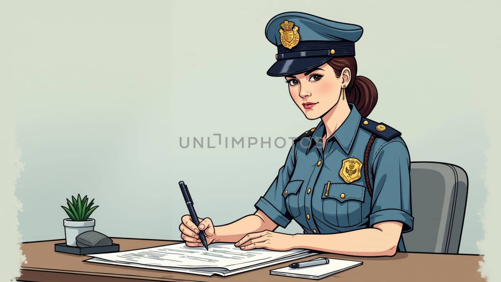 A police officer, wearing a uniform complete with badges, attentively writes on a form at her organized desk, with a small plant adding a touch of greenery to the workspace.