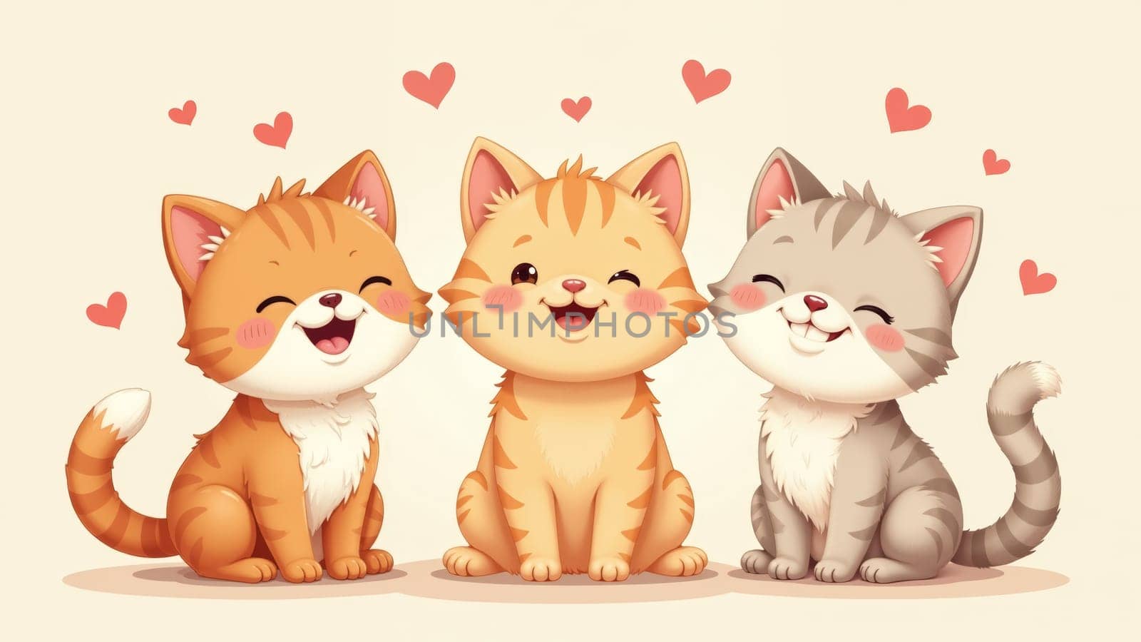 Three cute kittens sit closely together, displaying cheerful expressions. The charming orange and gray furballs are surrounded by floating hearts, capturing a moment of pure happiness and love.