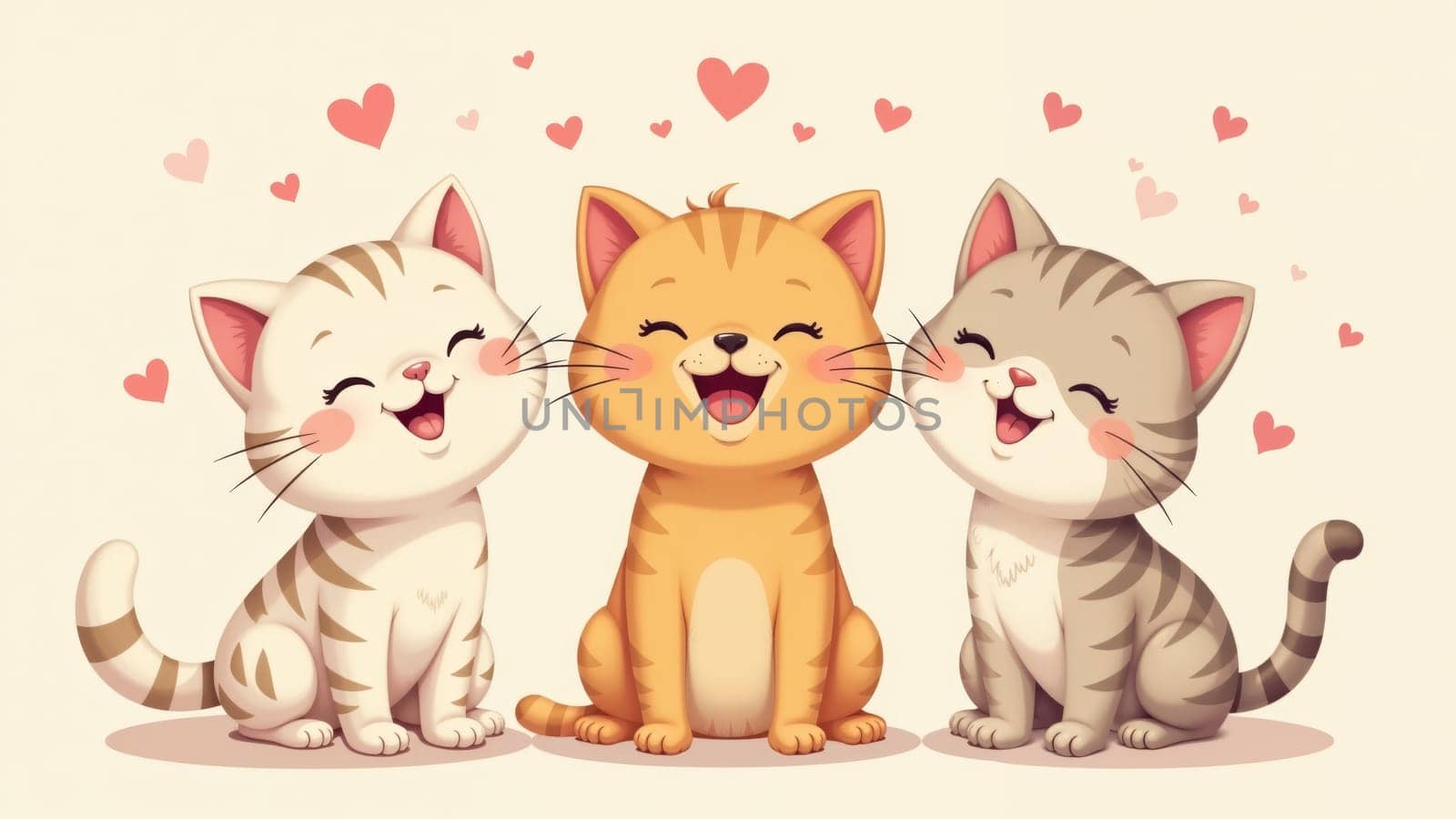 Three cute kittens sit closely together, displaying cheerful expressions. The charming orange and gray furballs are surrounded by floating hearts, capturing a moment of pure happiness and love.