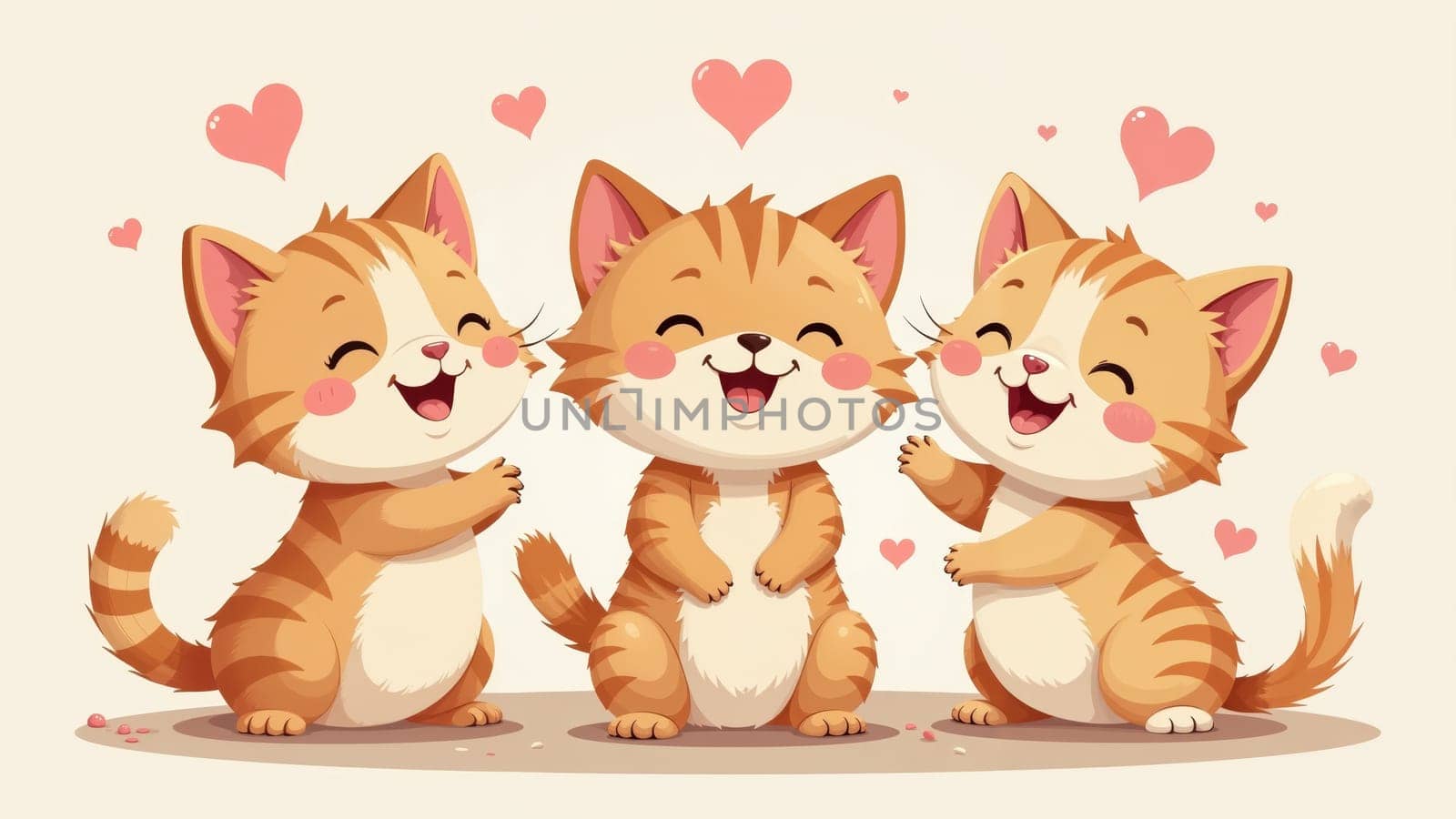 Three cheerful cats sit close together, beaming with joy. Their playful expressions are accompanied by hearts floating above, creating a warm, inviting atmosphere of camaraderie and fun.