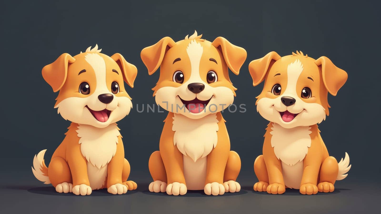 Three adorable cartoon puppies sit close together, their joyful expressions radiating happiness and innocence. Their fur is golden with white markings, embodying the essence of playful companionship.