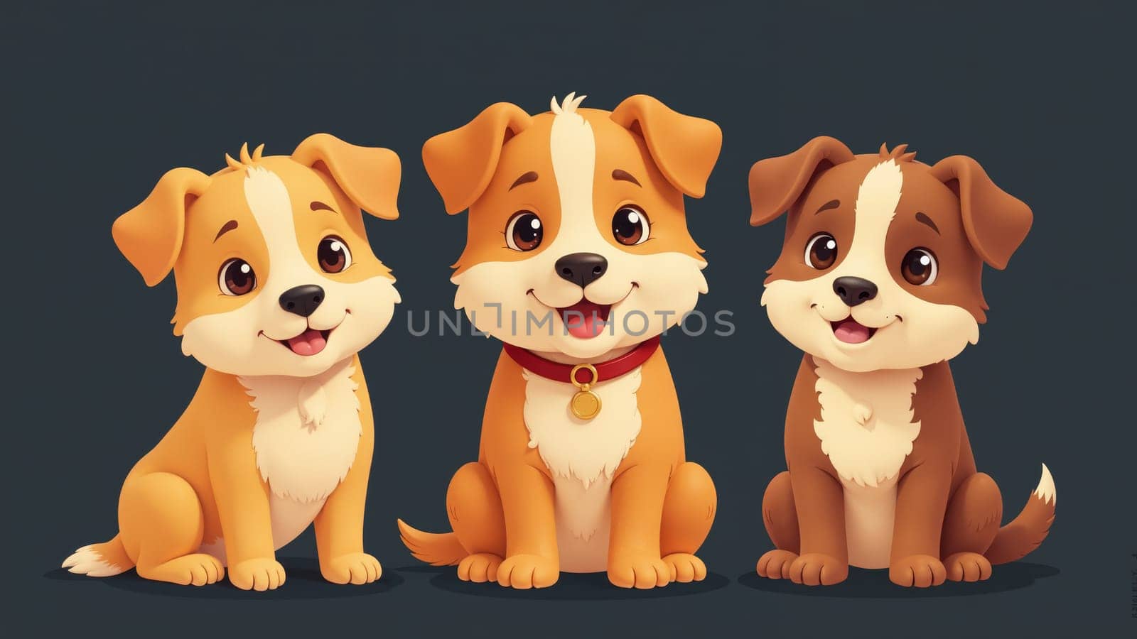 Three adorable cartoon puppies sit close together, their joyful expressions radiating happiness and innocence. Their fur is golden with white markings, embodying the essence of playful companionship.