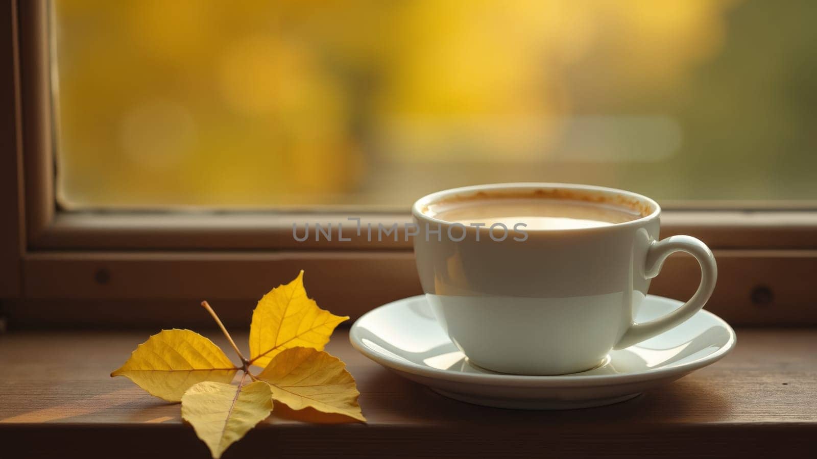 A cozy morning unfolds with a warm cup of coffee adorned with latte art sitting on a wooden table, complemented by vibrant yellow autumn leaves and soft sunlight streaming through the window.