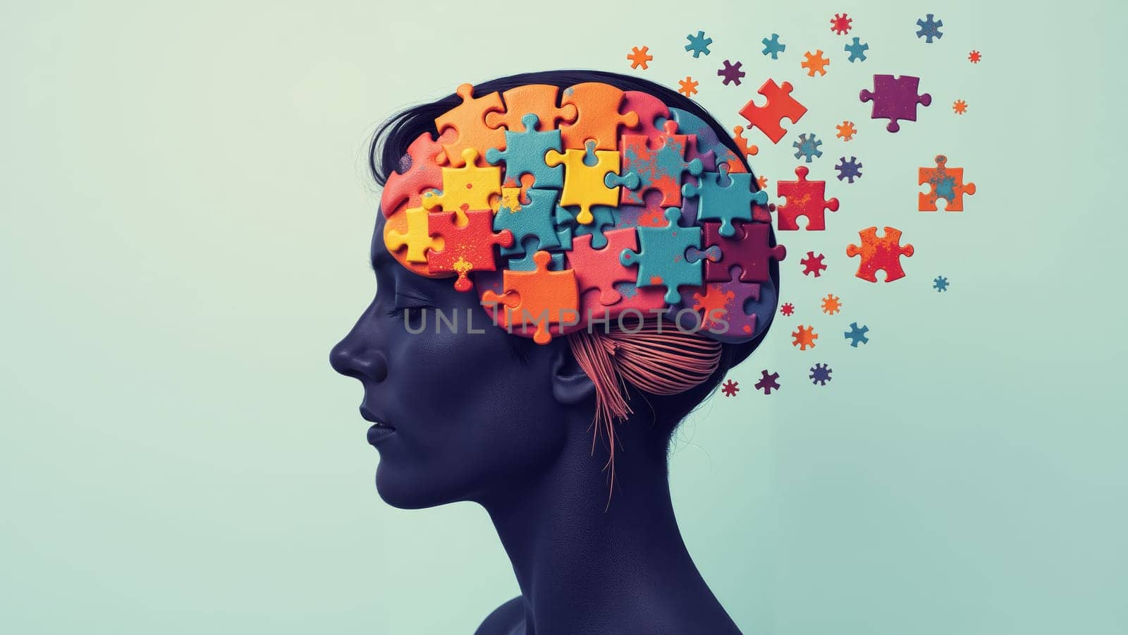 A woman profiles her silhouette with vibrant puzzle pieces symbolizing her complex thoughts and creativity. The colorful pieces float around her, illustrating the intricate nature of the mind.