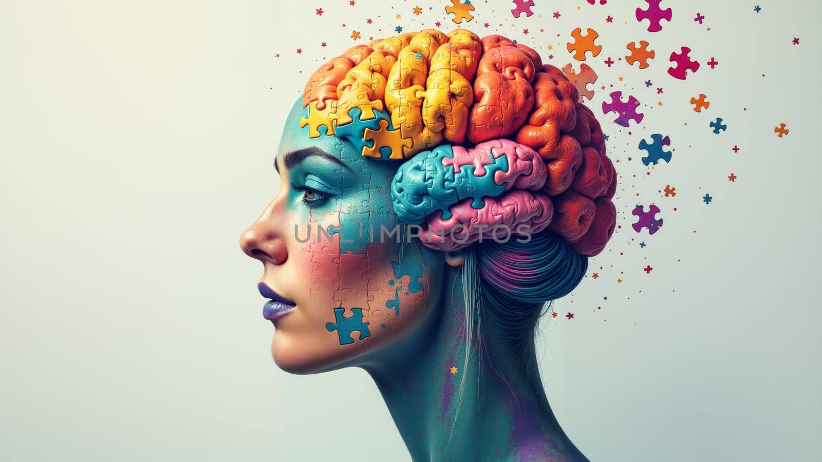 A woman profiles her silhouette with vibrant puzzle pieces symbolizing her complex thoughts and creativity. The colorful pieces float around her, illustrating the intricate nature of the mind.
