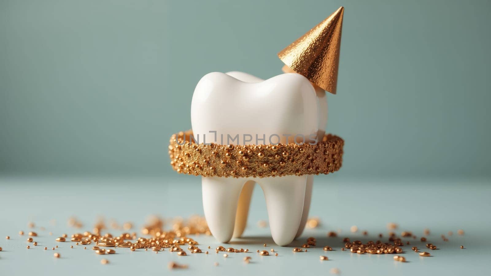 A cheerful, glossy tooth stands proudly with a sparkling star and golden ribbons. The soft bokeh lights create a magical backdrop, celebrating the joy of dental health and care.