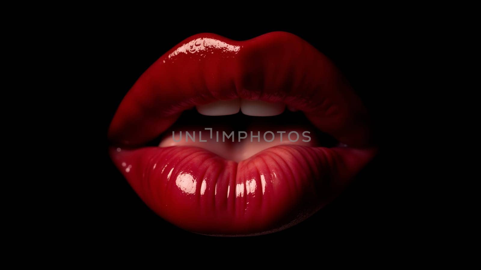 Luscious red lips stand out in striking contrast to the darkness, inviting a sense of intimate boldness and seduction. The glossy finish catches the light, enhancing their captivating appeal.