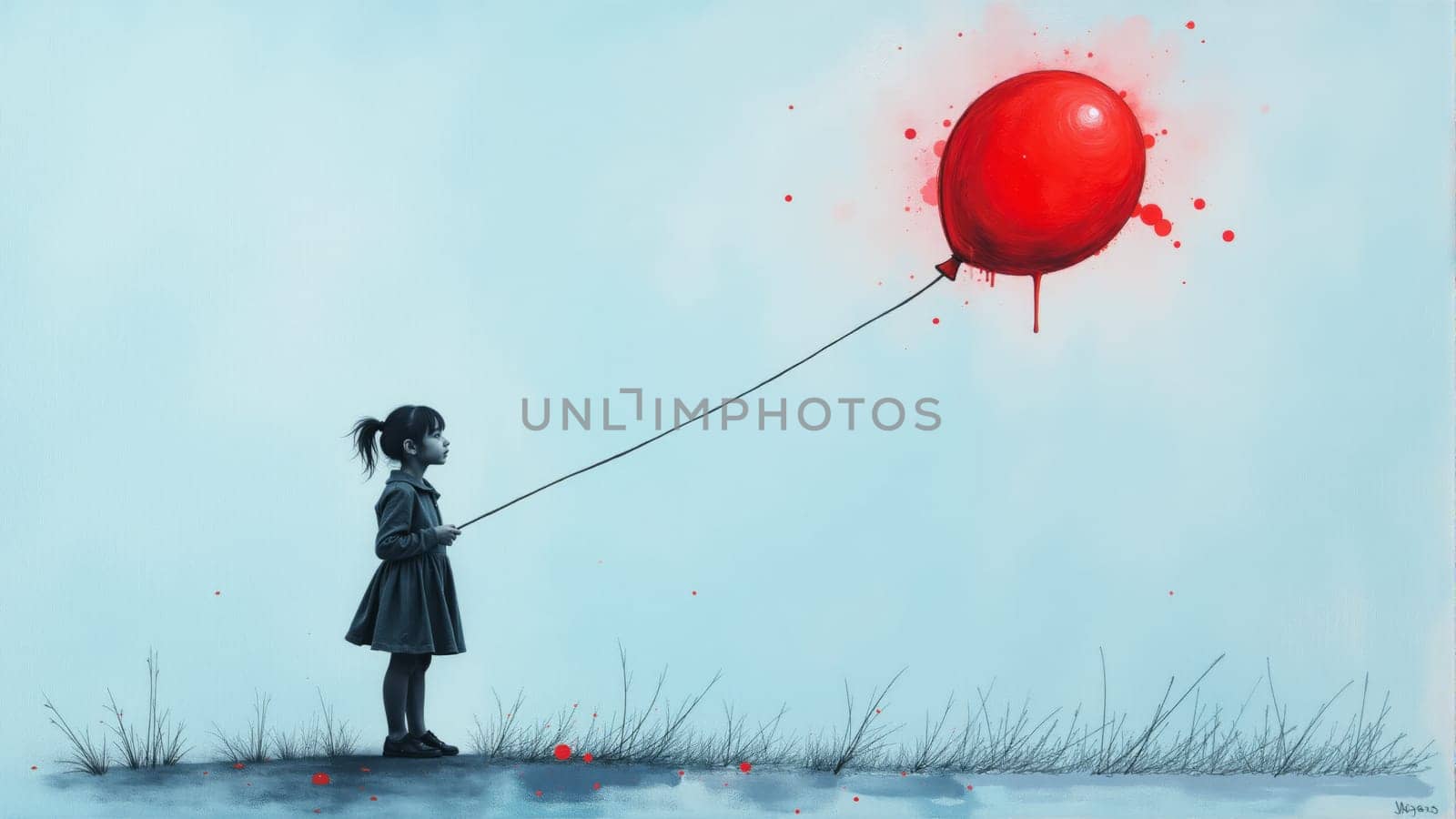 In a tranquil setting, a young girl in a dark dress grips a bright red balloon, which drips with color. The soft hues and isolation create an atmosphere of longing and innocence.