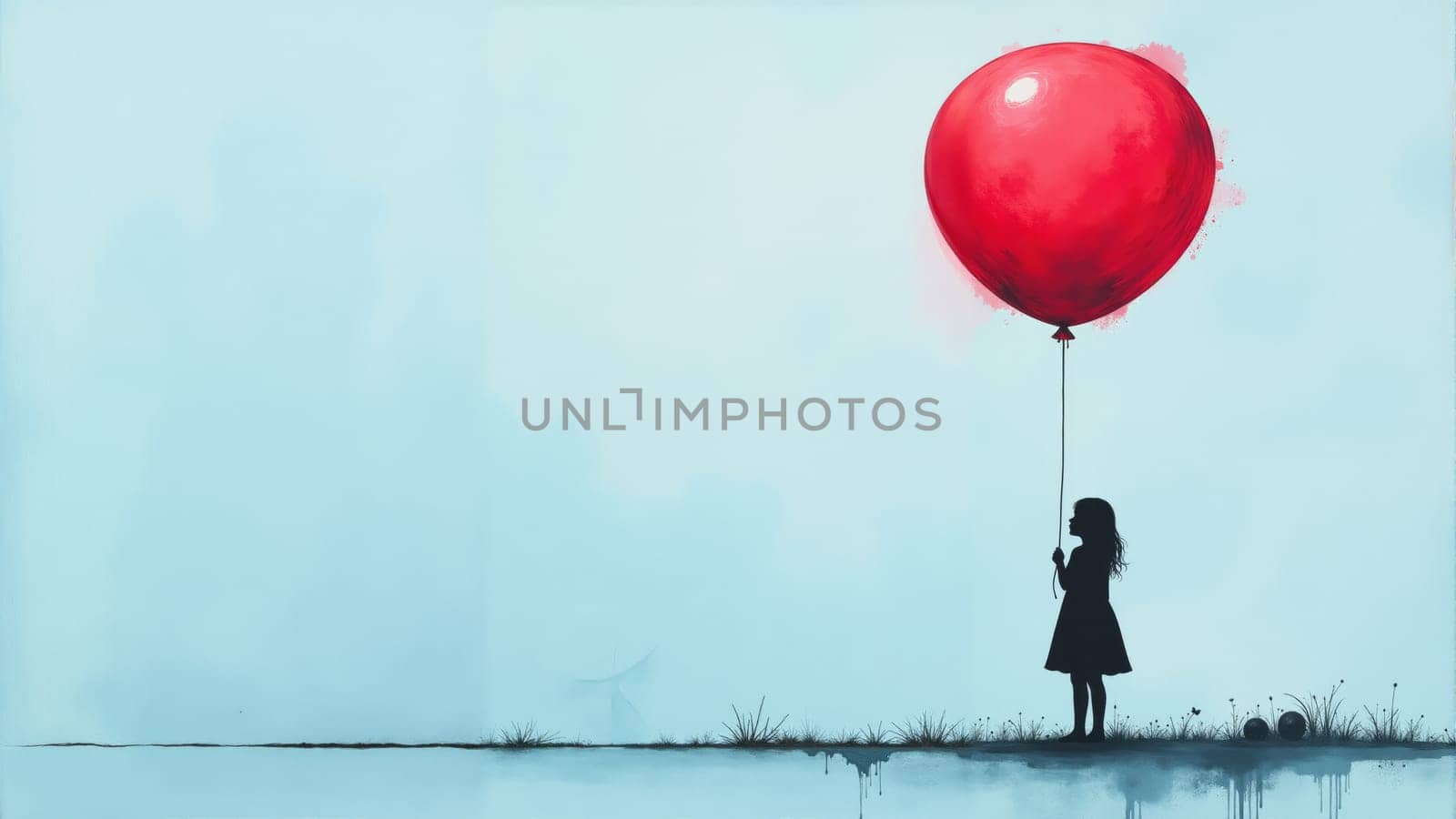 In a tranquil setting, a young girl in a dark dress grips a bright red balloon, which drips with color. The soft hues and isolation create an atmosphere of longing and innocence.