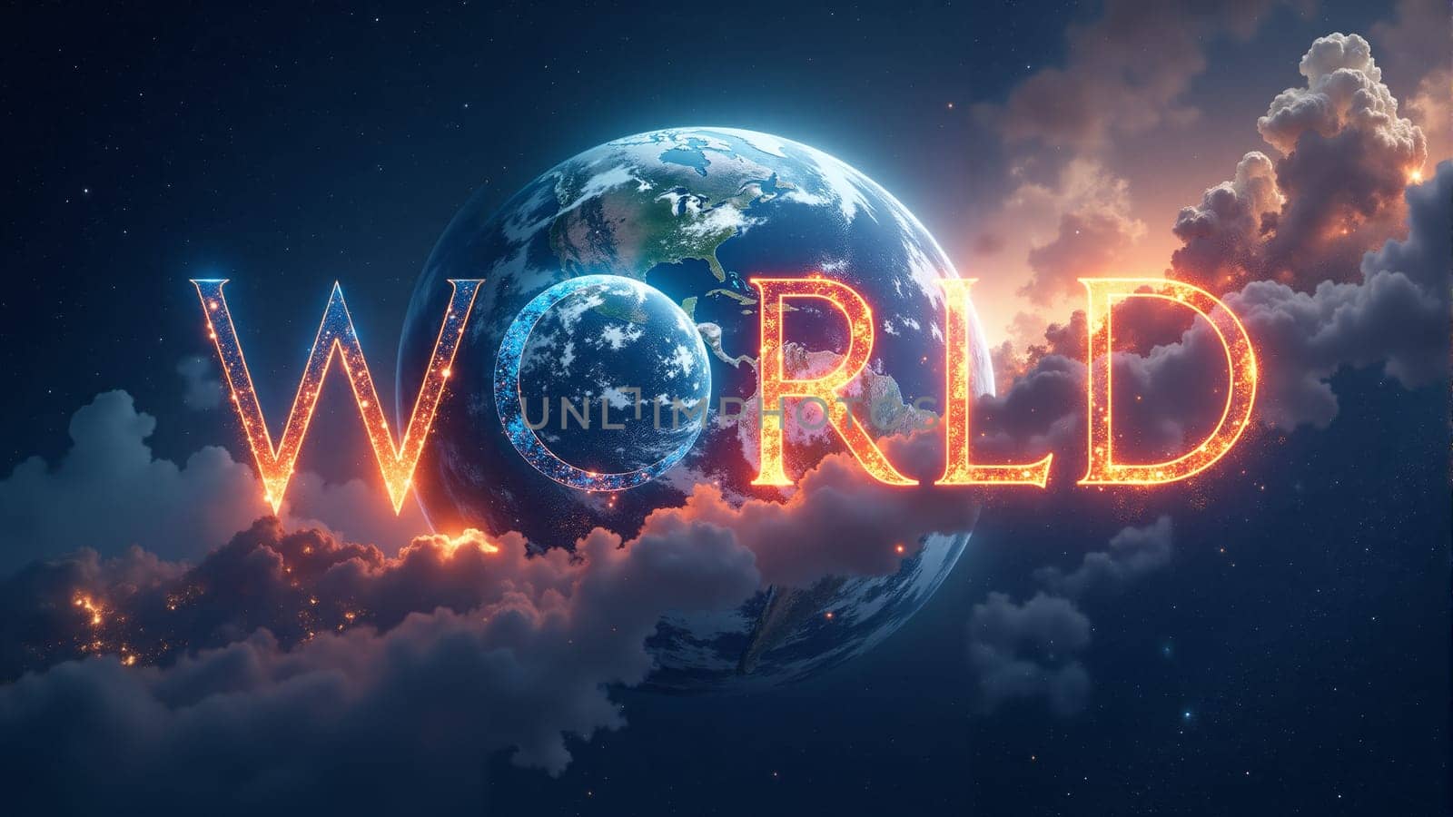 In a captivating cosmic display, the planet Earth glows brightly beneath the word World, surrounded by colorful clouds and distant stars, creating a surreal and enchanting atmosphere.