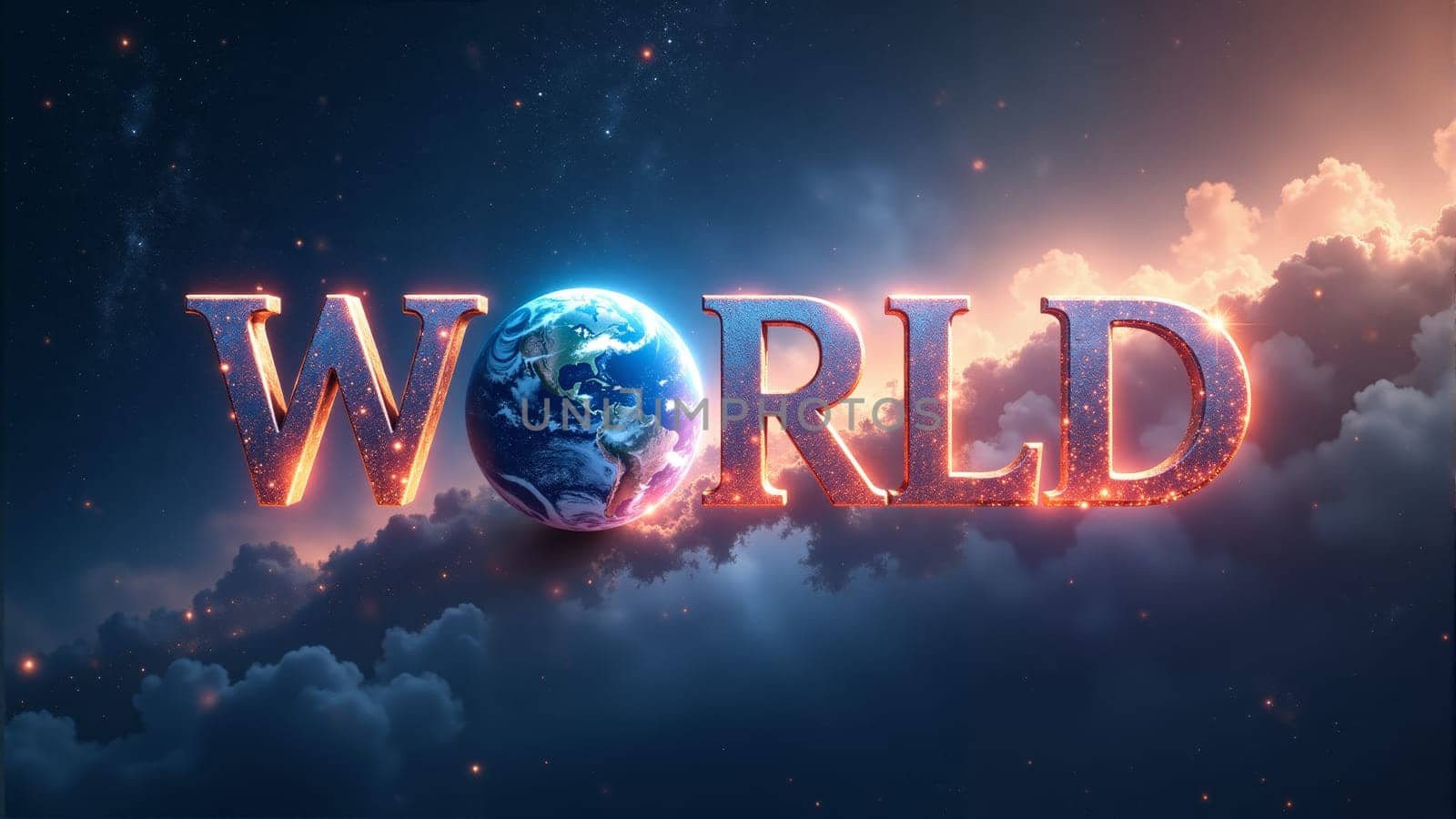 In a captivating cosmic display, the planet Earth glows brightly beneath the word World, surrounded by colorful clouds and distant stars, creating a surreal and enchanting atmosphere.