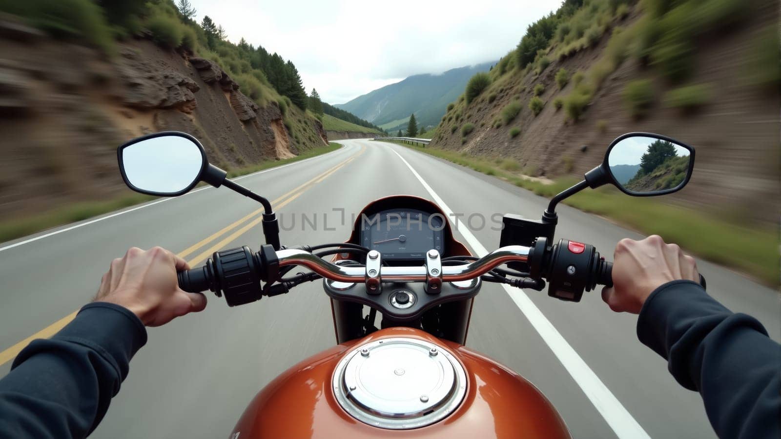 Feeling the rush of the wind while cruising on an orange motorcycle, surrounded by majestic mountains and vibrant greenery, the open road beckons adventure under a cloudy sky.
